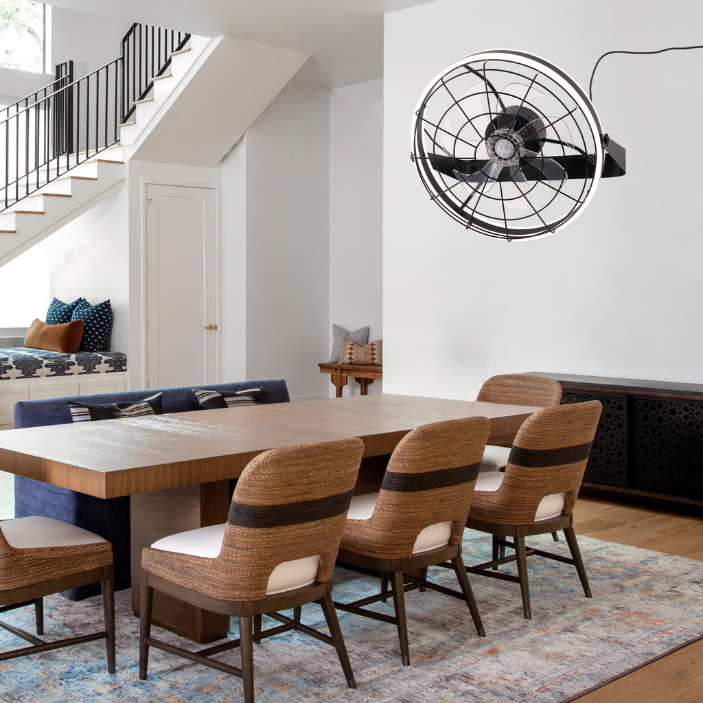 23 Inch Black Modern Wall Mounted Caged Ceiling Fan with Dimmable LED Lights and Remote, 6 Speeds Plug In Bladeless Ceiling Fan