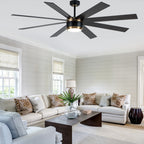 72 Inches Extra Large Ceiling Fan with Dimmable LED Light and Remote, 6 Speeds DC Motor Black Ceiling Fan 8-Blade Reversible Ceiling Fan for Large Room