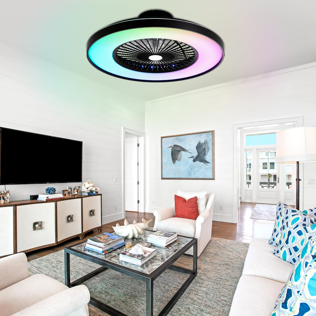 23 Inch Modern Smart Bladeless Ceiling Fan with Dimmable RGB LED Light and Remote,6 Speeds Flush Mount Ceiling Fan for Bedroom