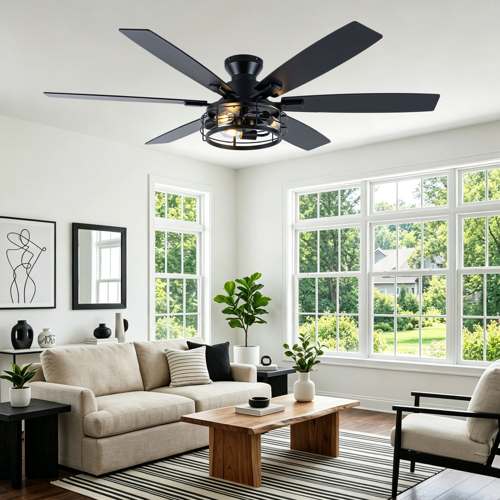 Farmhouse 60 Inch Flush Mount Ceiling Fan with Light Reversible Quiet DC Motor 6 Speed Ceiling Fan with Light Caged Timming Remote Control Ceiling Fan with Light Suit for Bedrooms, Kitchens, Living Rooms