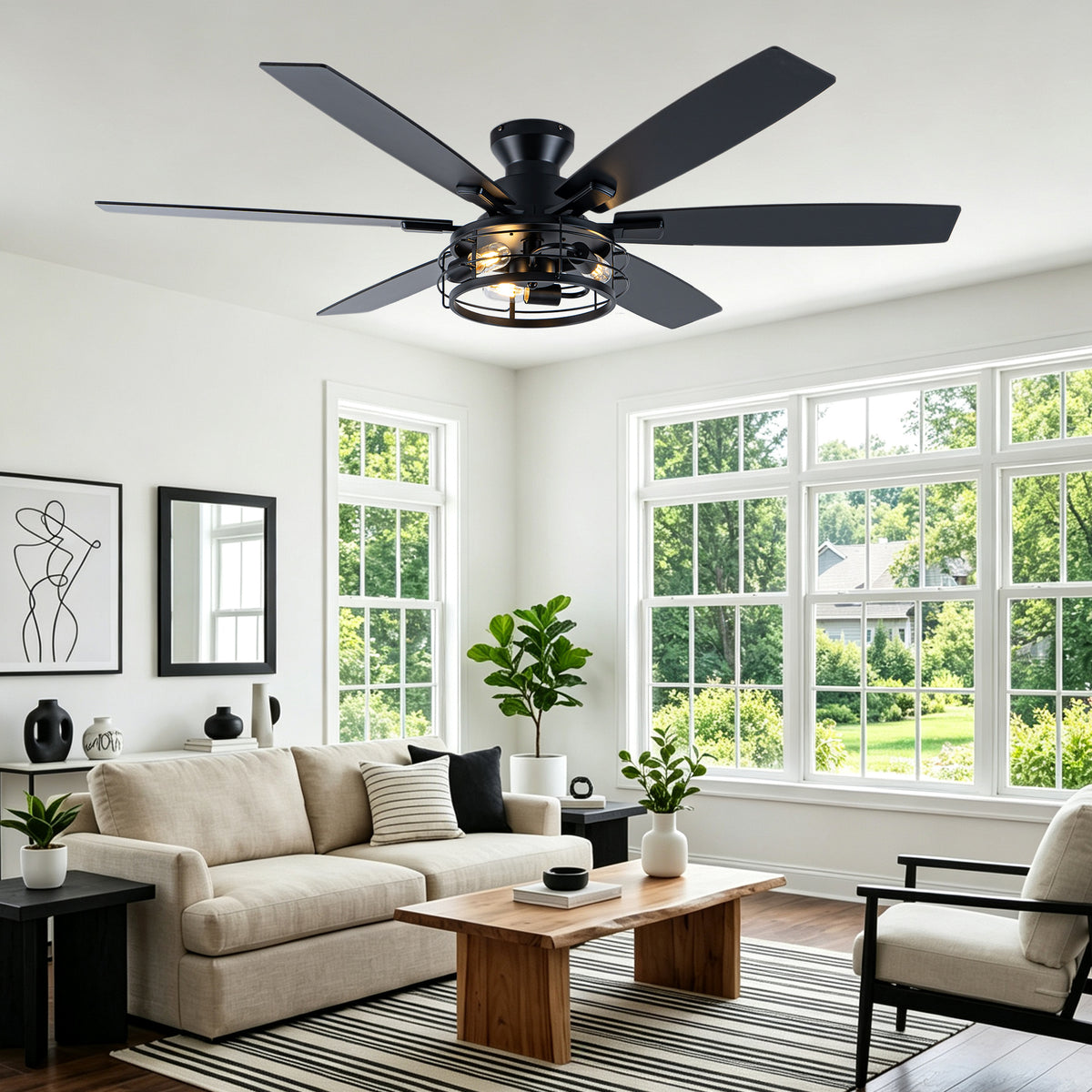 Farmhouse 60 Inch Flush Mount Ceiling Fan with Light Reversible Quiet DC Motor 6 Speed Ceiling Fan with Light Caged Timming Remote Control Ceiling Fan with Light Suit for Bedrooms, Kitchens, Living Rooms