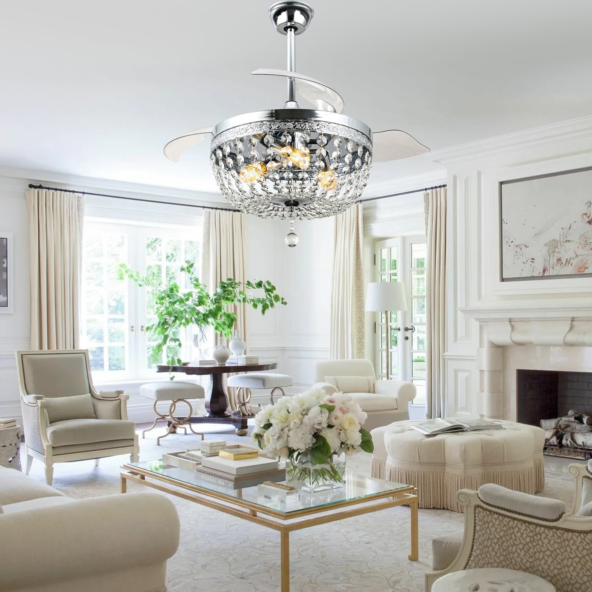 DC4269-C-BellaDepot 42" Retro Silver Crystal Chandelier Ceiling Fan with Invisible Blades and Remote Control, Retractable Ceiling Fan for Living Room