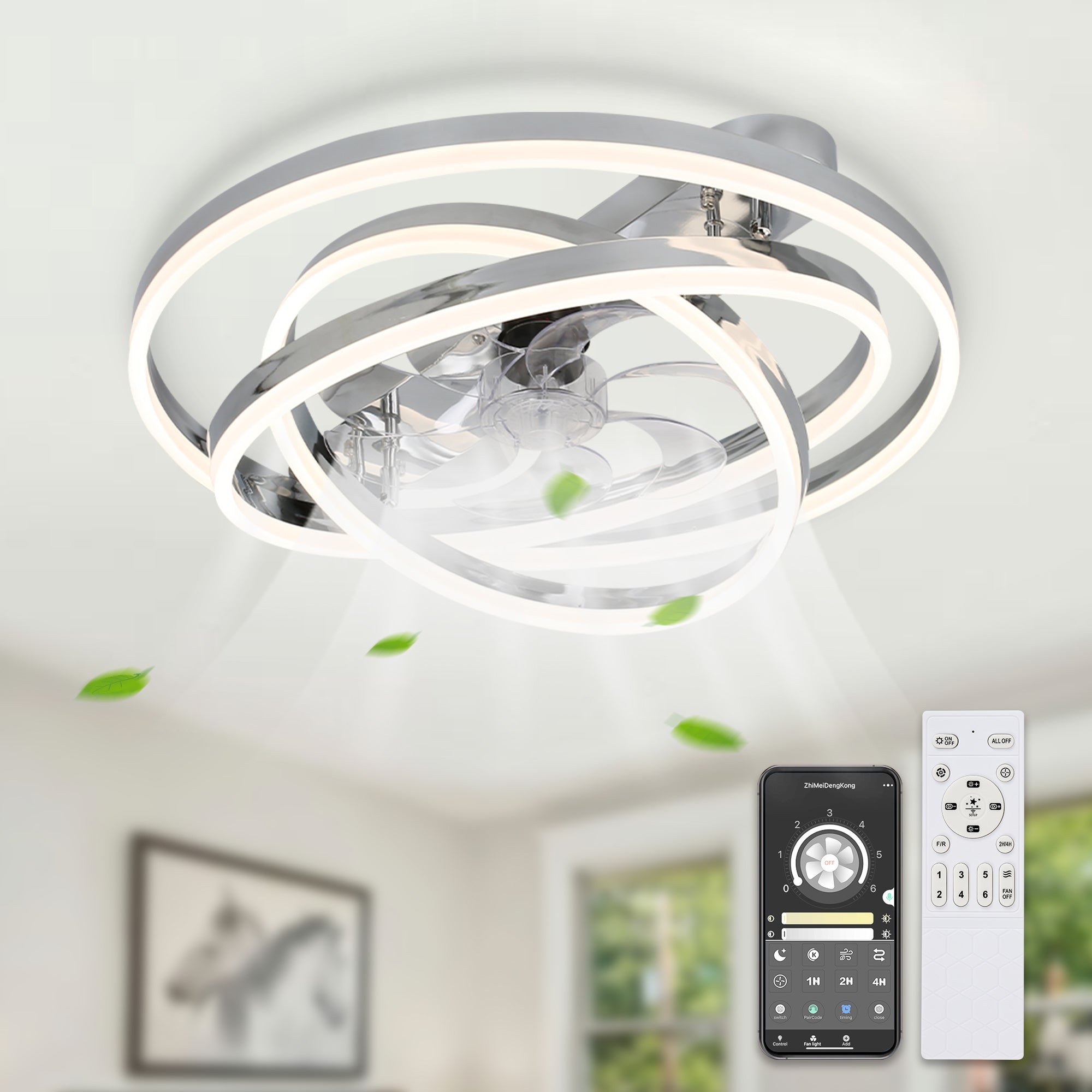 24 Inch Modern Smart Flush Mount LED Ceiling Fan with Light and Remote, 6 Speeds DC Motor Bladeless Low Profile Ceiling Fan