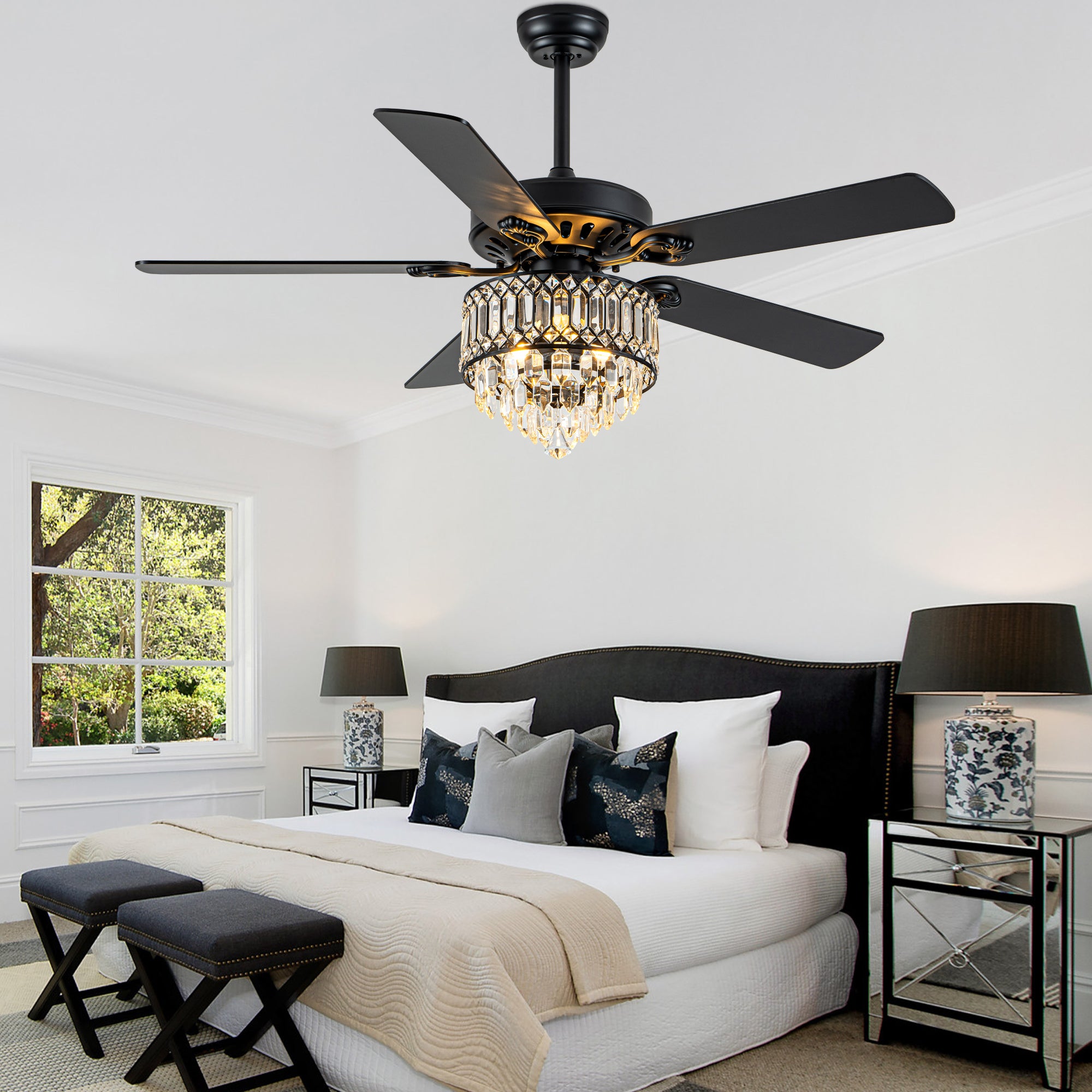 52 Inch Modern Luxury Crystal Ceiling Fan with Light and Remote