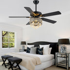 52 Inch Modern Luxury Crystal Ceiling Fan with Light and Remote Control, 6 Speeds DC Motor Chandelier Ceiling Fan for Living Room