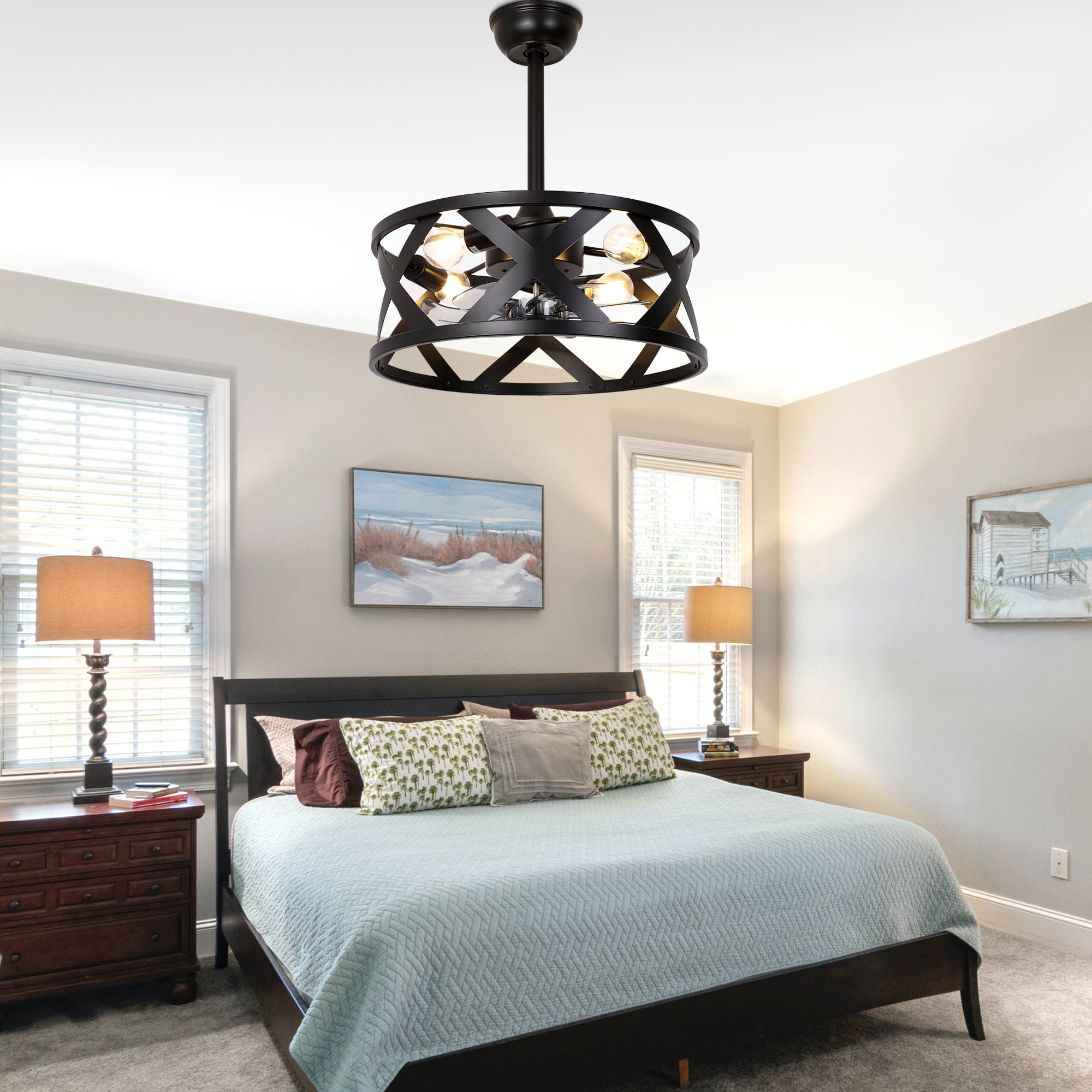 20 Inch Black Industrial Ceiling Fan with Light and Remote, 6-Speed DC Motor Bladeless Ceiling Flush Mount & Downrod Options