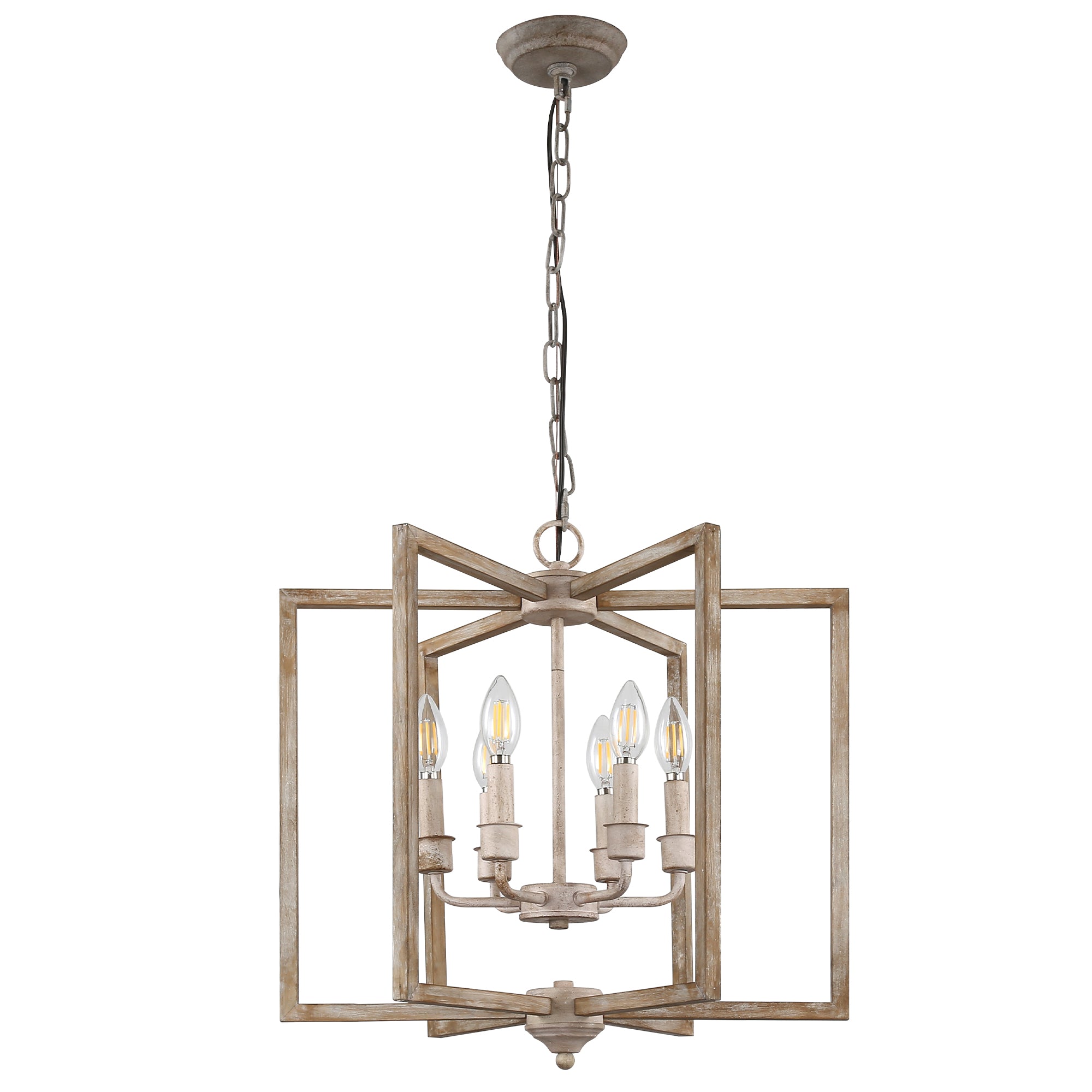 6 - Lights Cottage Distressed Wood Chandelier, 15.7" Height Adjustable Farmhouse Geometric Chandelier