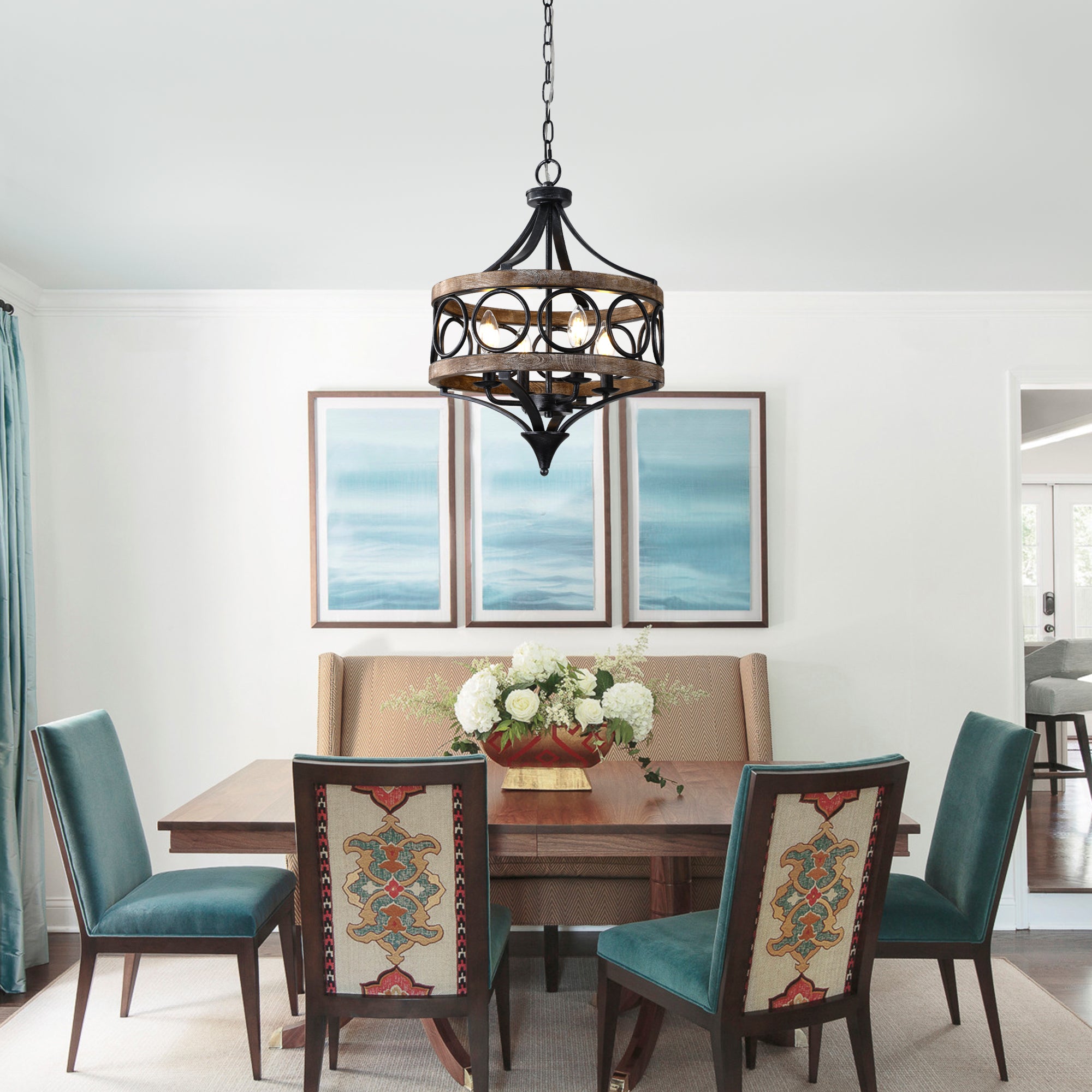 4 - Light Farmhouse Sol Wood Chandelier, 16" Rustic Geometric Chandelier Wood Cage Lantern Pendant Lights