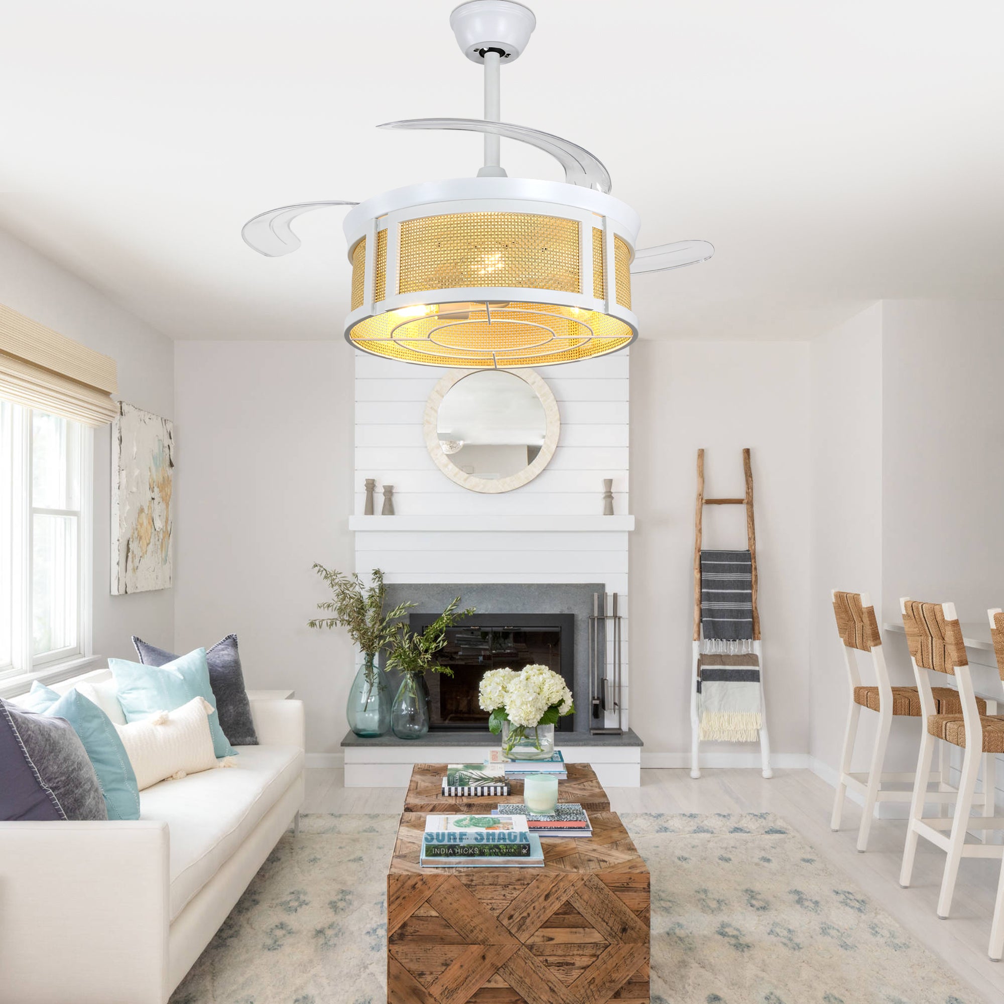 42 Inch White Rattan Retractable Ceiling Fan with Lights and Remote, 6 Speeds DC Motor Bladeless Fandelier Ceiling Fan for Bedroom