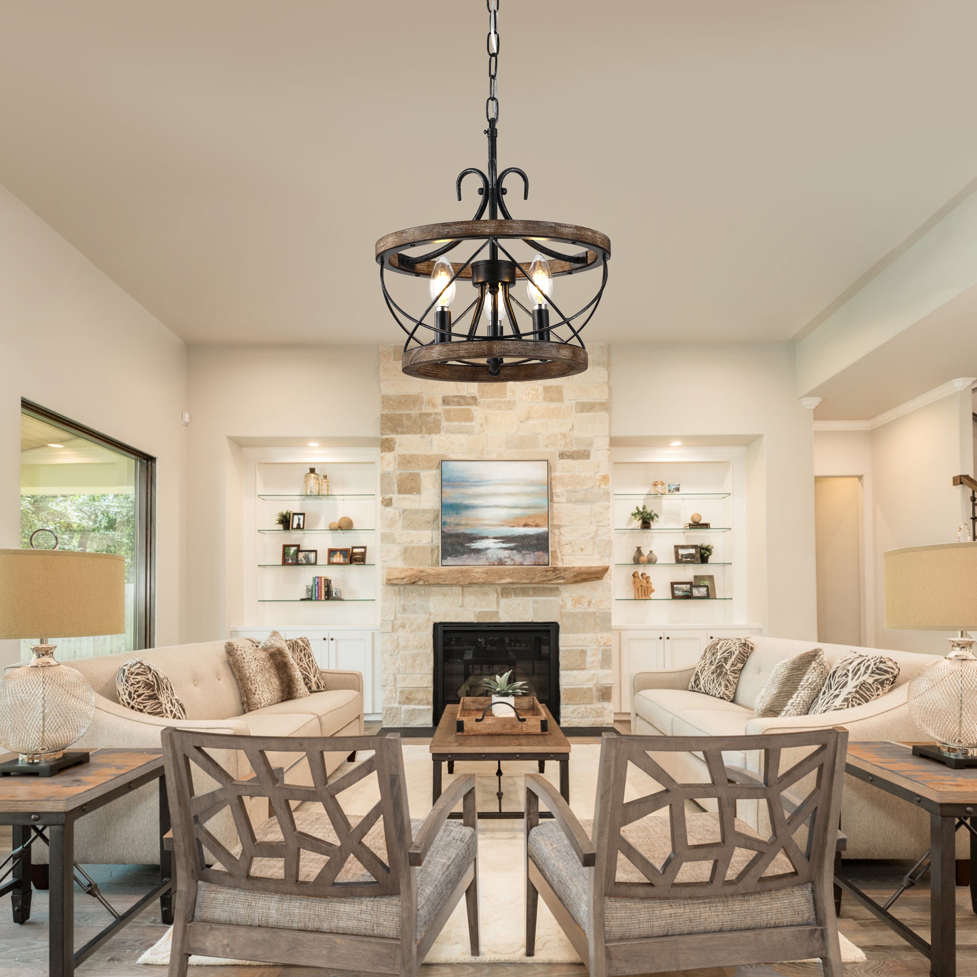 3 - Lights Farmhouse Drum Chandelier, 13" Wooden Chandelier for Dining Room with Height Adjustable