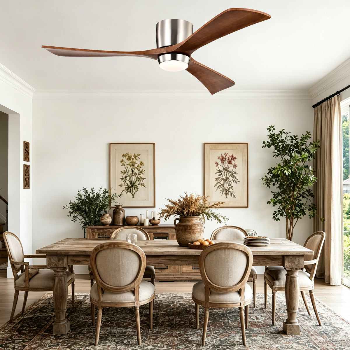 52 Inch Modern Farmhouse Stain Nickel Flush Mount Ceiling Fan with Lights & Remote Control, 6 Speed DC Motor Reversible Ceiling Fan