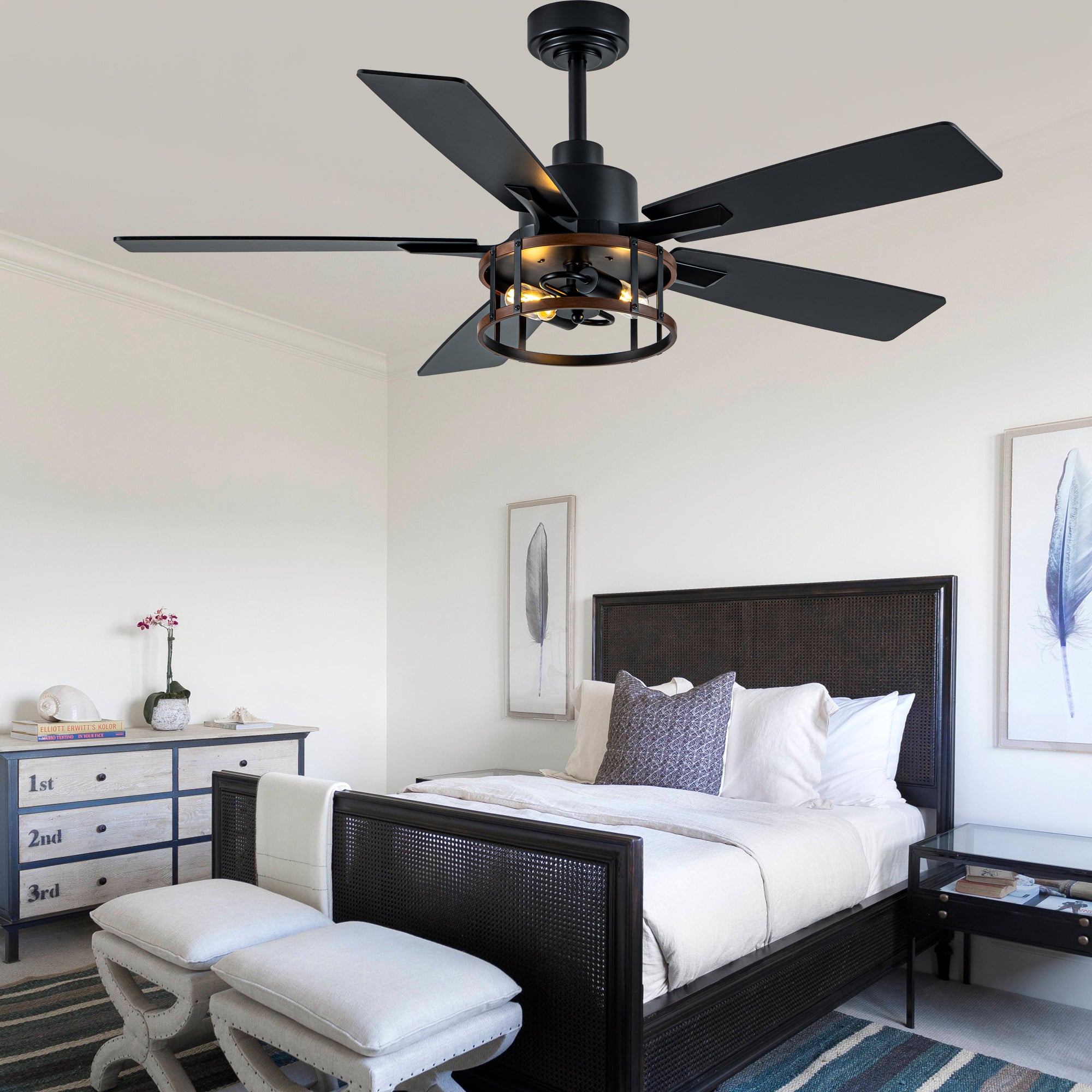 52 Inch Black Farmhouse Ceiling Fan with Lights and Remote Control,6 Speeds Dual-Finish Blades Caged Ceiling Fan