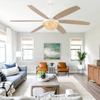 65 Inch White Bohemian  Ceiling Fan with Lights and Remote, 6 Speeds DC Motor Reversible Large Ceiling Fan for Living Room
