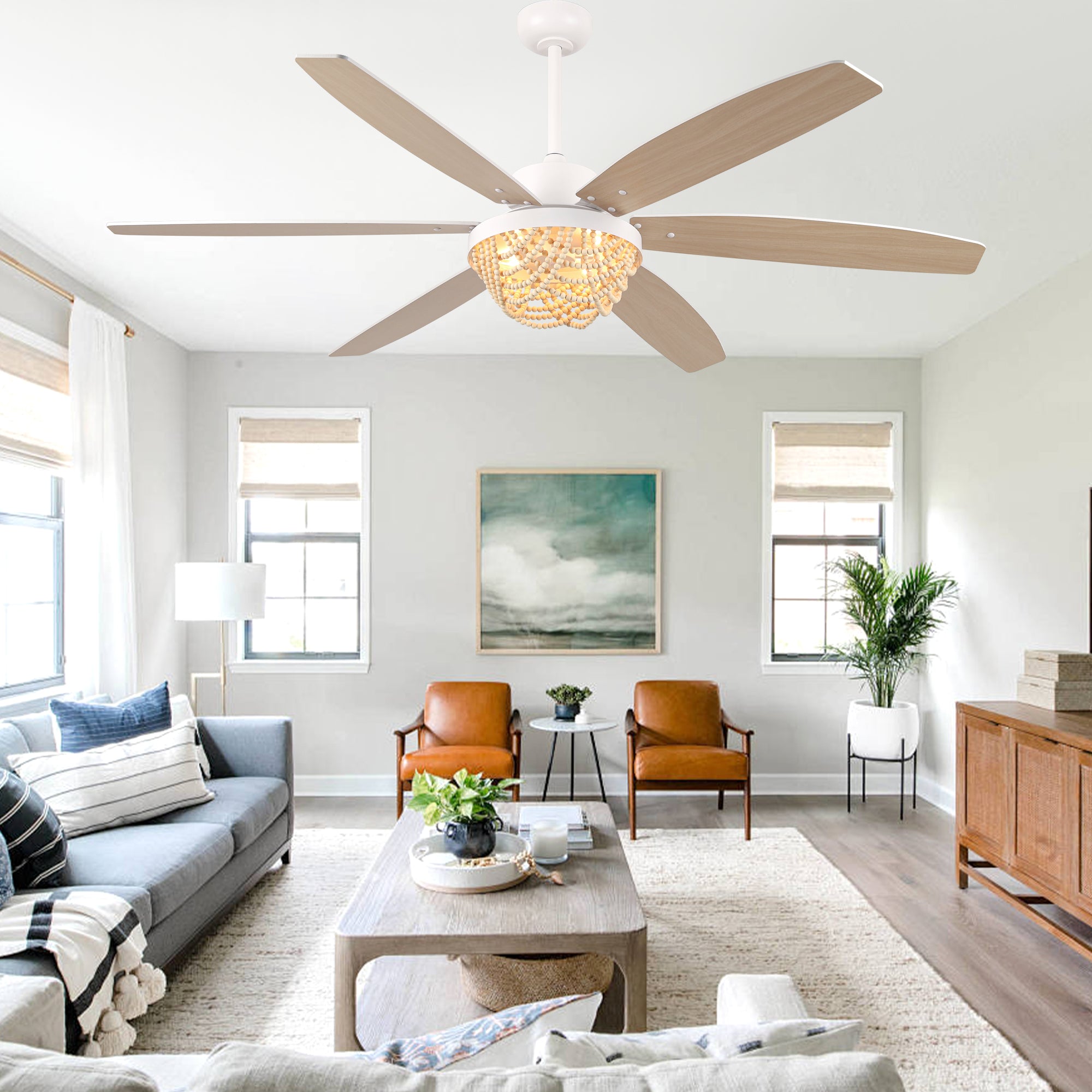 65 Inch White Bohemian  Ceiling Fan with Lights and Remote, 6 Speeds DC Motor Reversible Large Ceiling Fan for Living Room