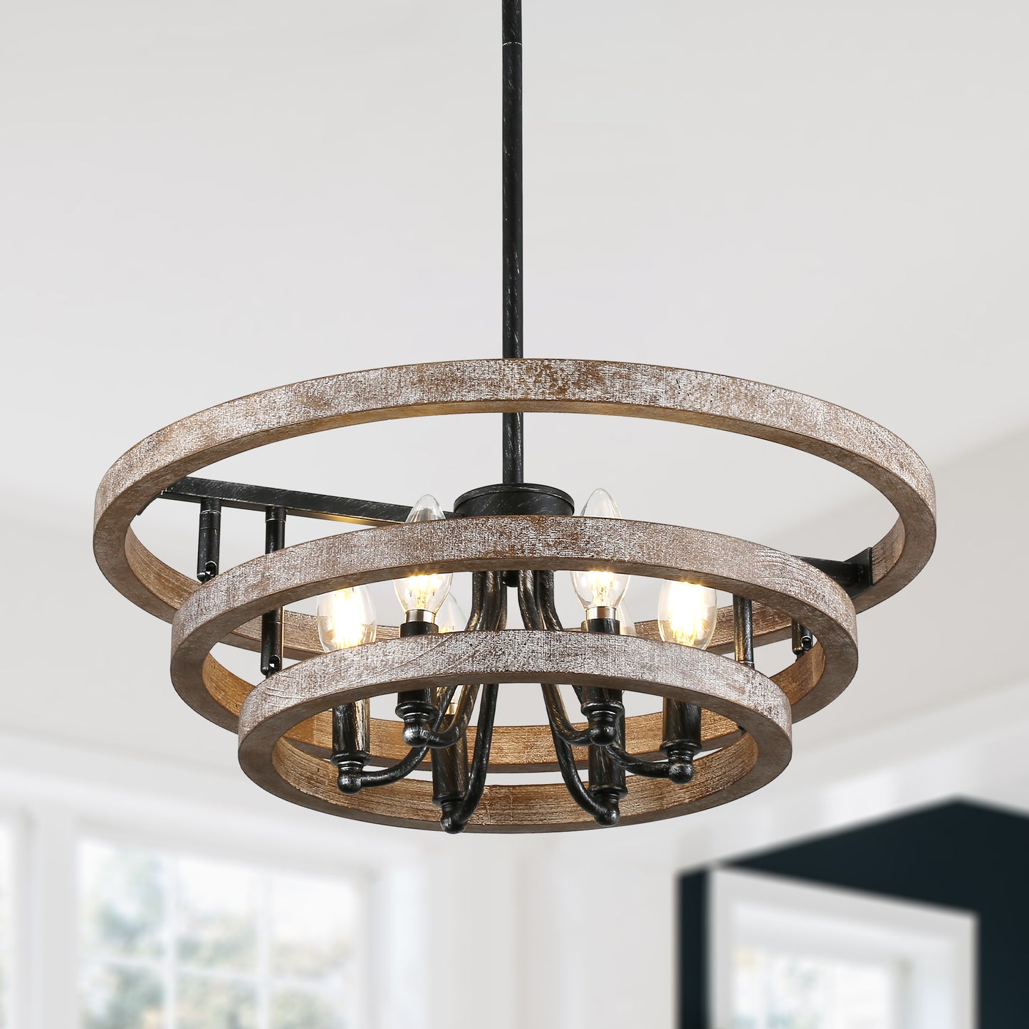 FC4111-6 Lights Classic Wood Chandelier, Height Adjustable Home Decoration Pendant Light