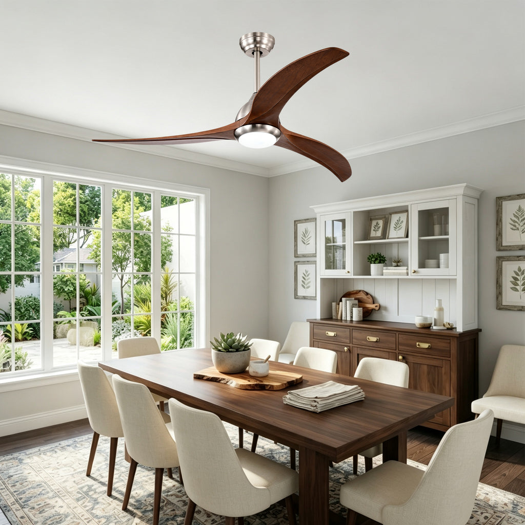 52 Inch Modern Stain Nickel Walnut Wood Ceiling Fan with Lights & Remote Control, 6 Speed DC Motor Reversible Ceiling Fan