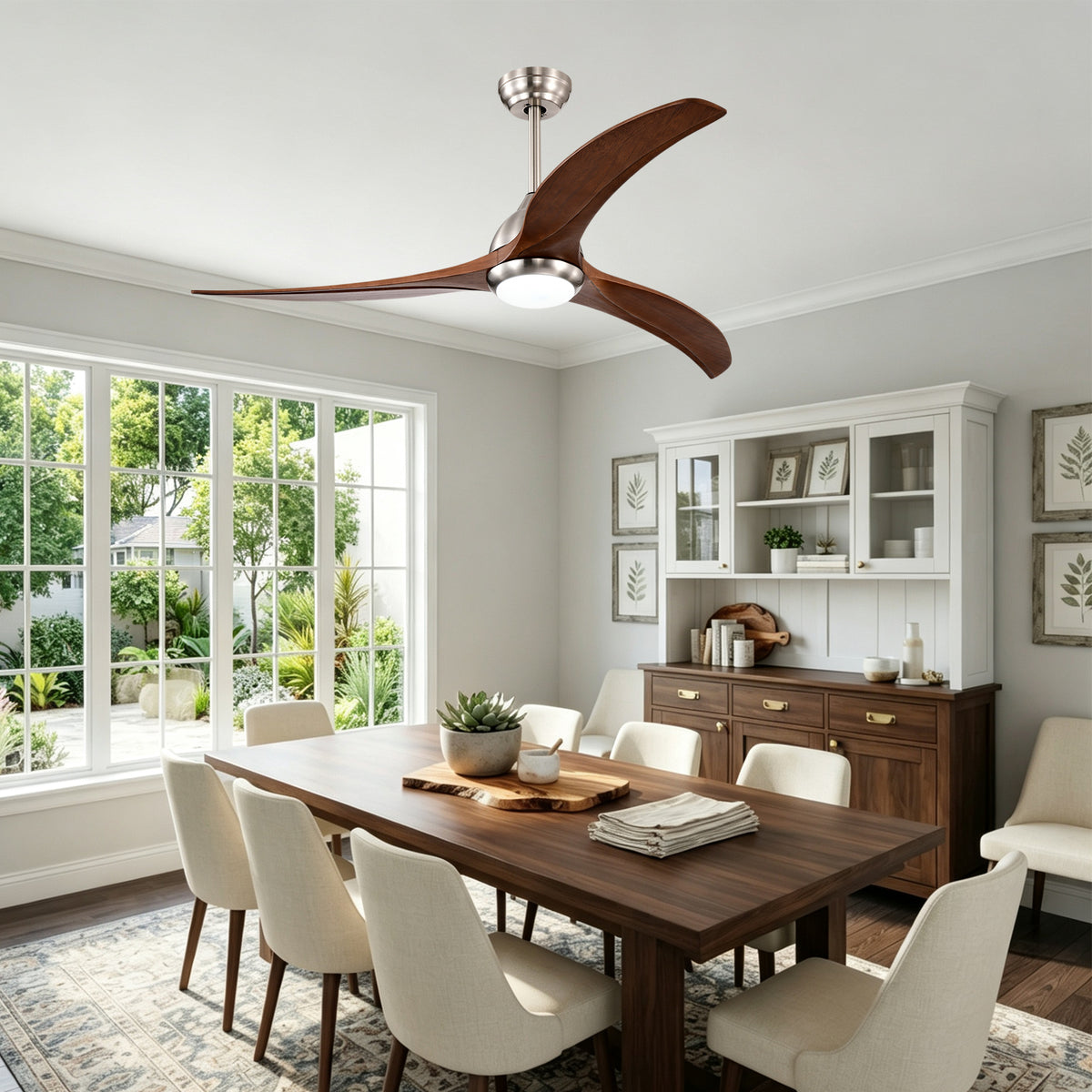 52 Inch Modern Stain Nickel Walnut Wood Ceiling Fan with Lights & Remote Control, 6 Speed DC Motor Reversible Ceiling Fan