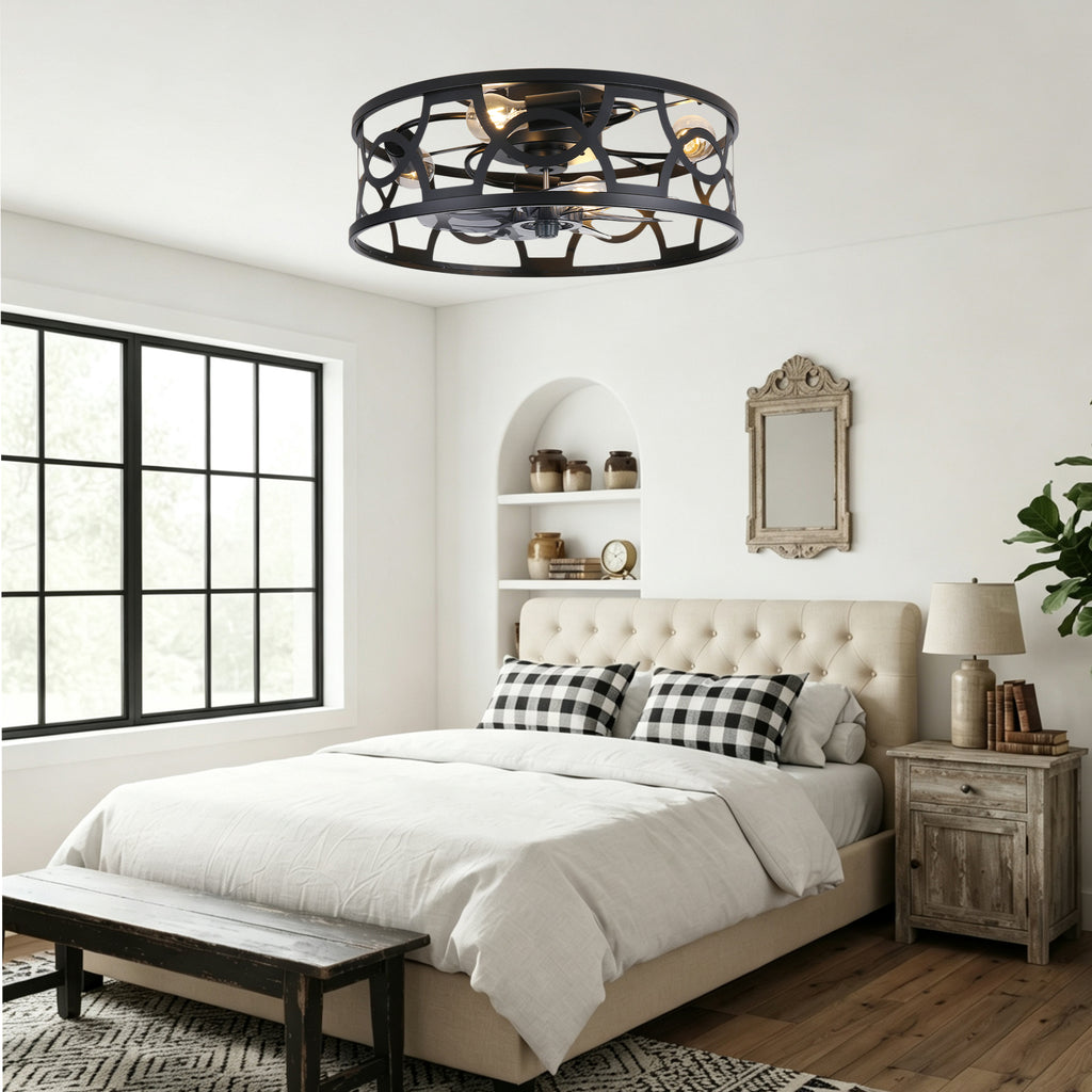 Industrial 20 Inch Caged Flush Mount Ceiling Fan with Light Quiet Reversible DC Motor with Remote Control Small Ceiling Fan Modern 7 Blades Ceiling Fan with Light Suit for Bedroom，Kitchen