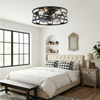 Industrial 20 Inch Caged Flush Mount Ceiling Fan with Light Quiet Reversible DC Motor with Remote Control Small Ceiling Fan Modern 7 Blades Ceiling Fan with Light Suit for Bedroom，Kitchen