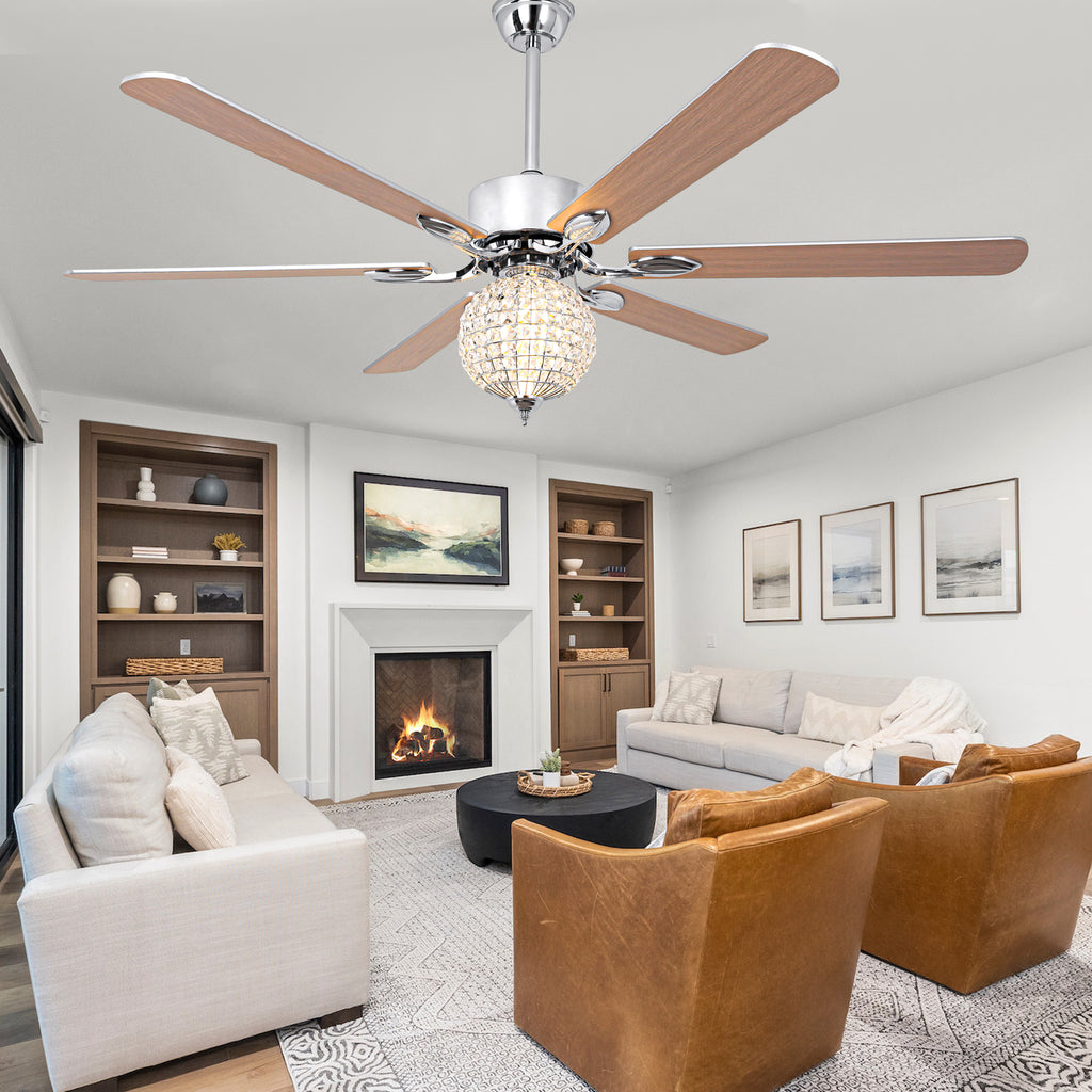 65 Inch Modern Luxury Crystal Ceiling Fan with LED Lights and Remote Control, 6 Speeds Reversible Chrome Large Ceiling Fan