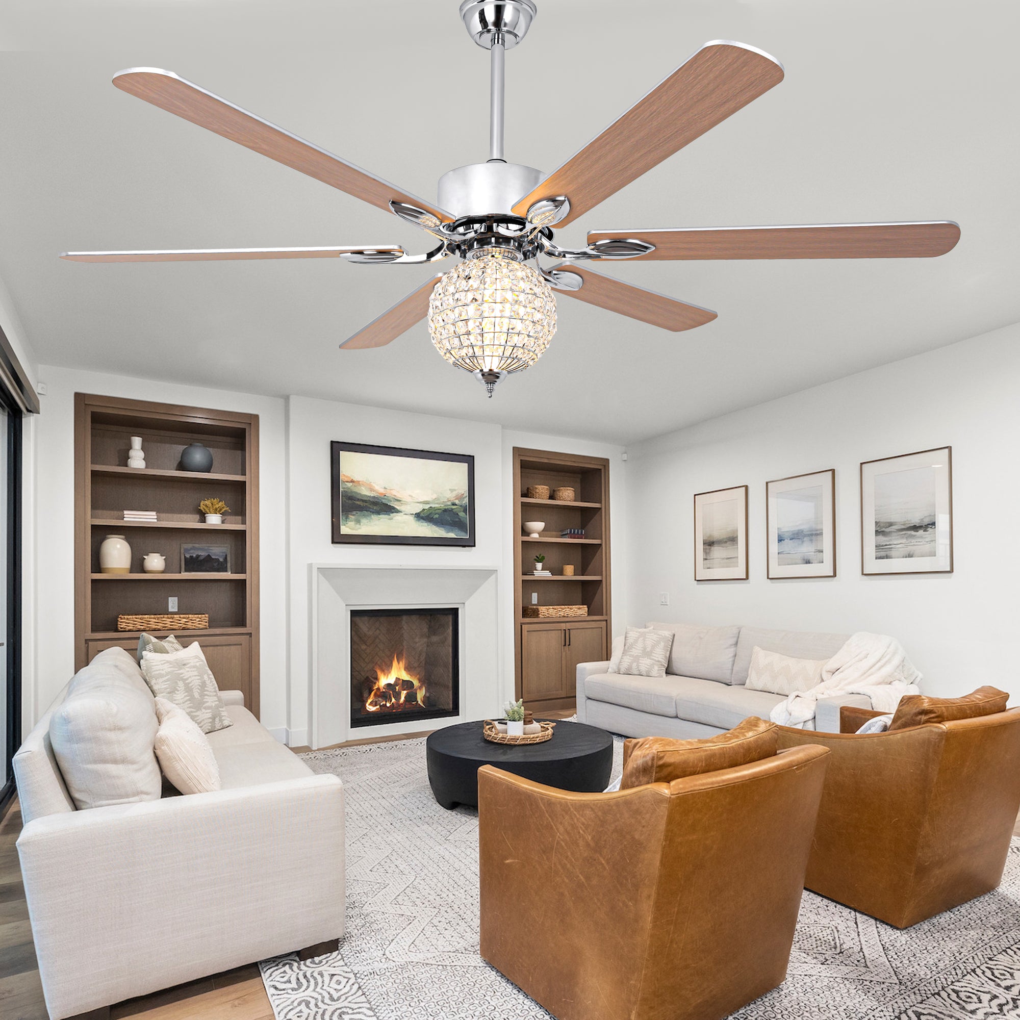 DC6509-BellaDepot 65" Luxury Crystal Ball Chrome Large Size Ceiling Fan with Remote Control, Silent Motor 6 Speeds Straight Leaf Fan with LED Lights