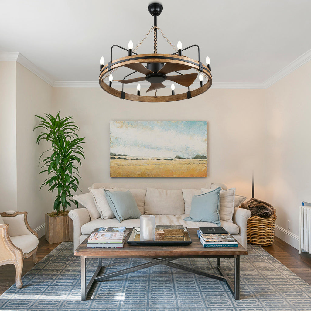 36 Inch Farmhouse Wagon Wheel Ceiling Fan with Lights and Remote Control, 6 Speeds DC Motor Bladeless Fandelier Ceiling Fan