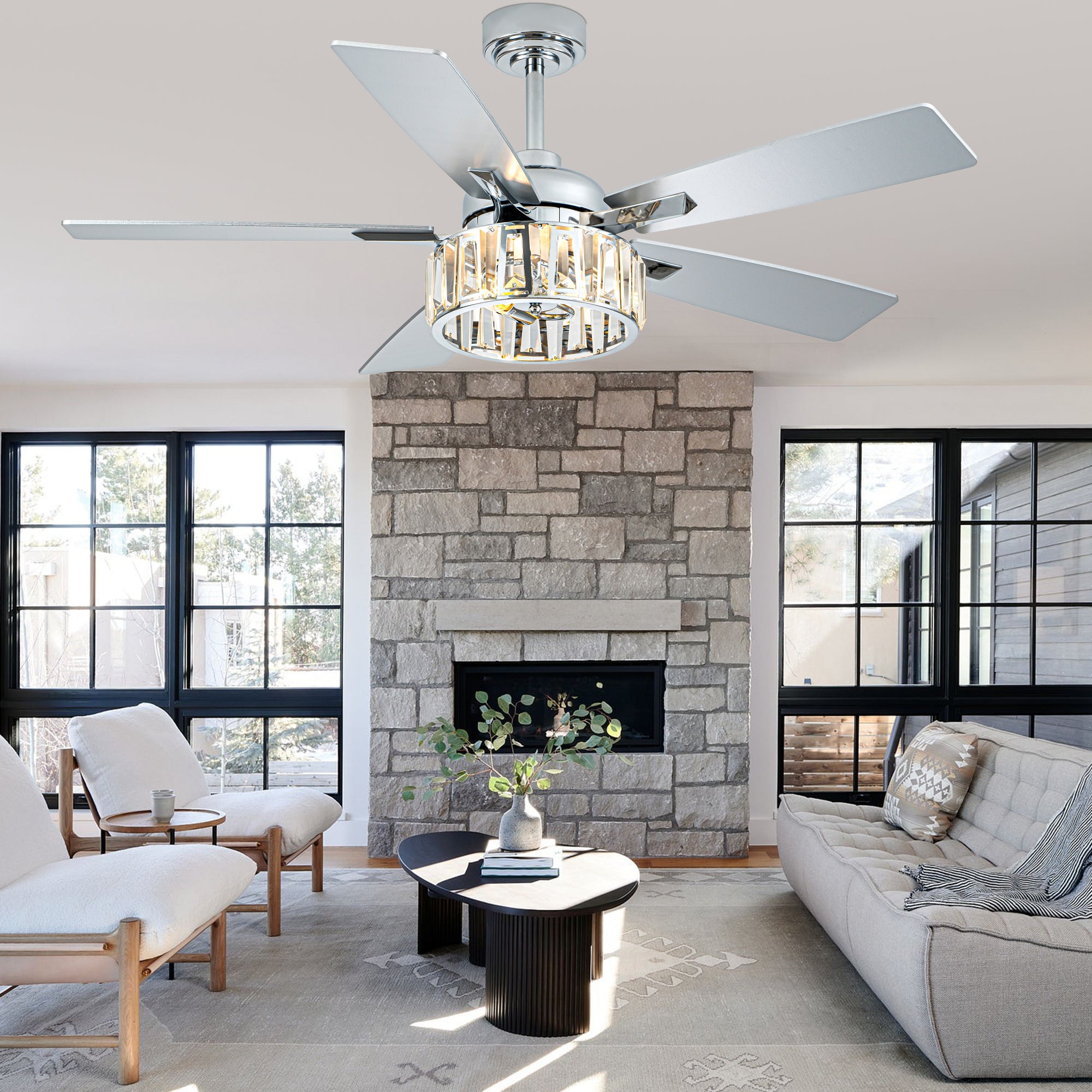 52 Inch Chrome Contemporary Glam Ceiling Fan with Lights and Remote Control, 6 Speeds Reversible Ceiling Fan with Crystals