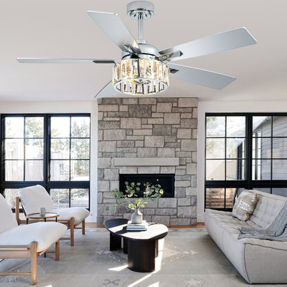 BellaDepot 52" Luxury Crystal Caged Chrome Ceiling Fan with Remote Control, 6 Speeds Ceiling Fan with Lights for Living Room- DC5226-MD
