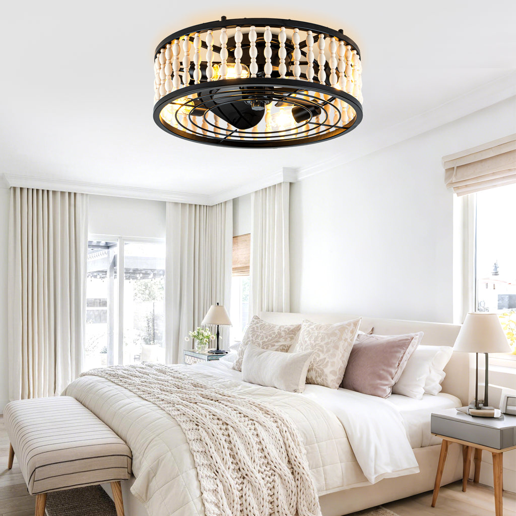 19 Inch Black Farmhouse Flush Mount Ceiling Fan with Lights and Remote Control, 6 Speeds DC Motor Bladeless Ceiling Fan for Bedroom