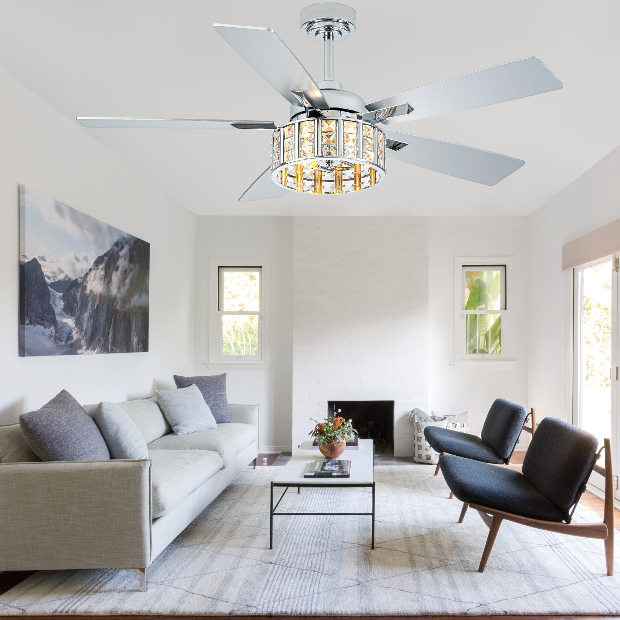 52 Inch Chrome Glam Crystal Ceiling Fan with Lights and Remote Control, 6 Speeds Reversible Ceiling Fan with Crystals
