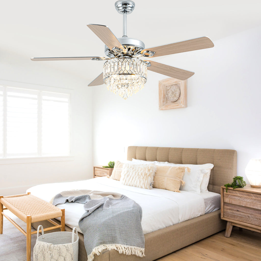 52 Inch Modern Luxury Crystal Ceiling Fan with Light and Remote Control, 6 Speeds DC Motor Chandelier Ceiling Fan for Living Room