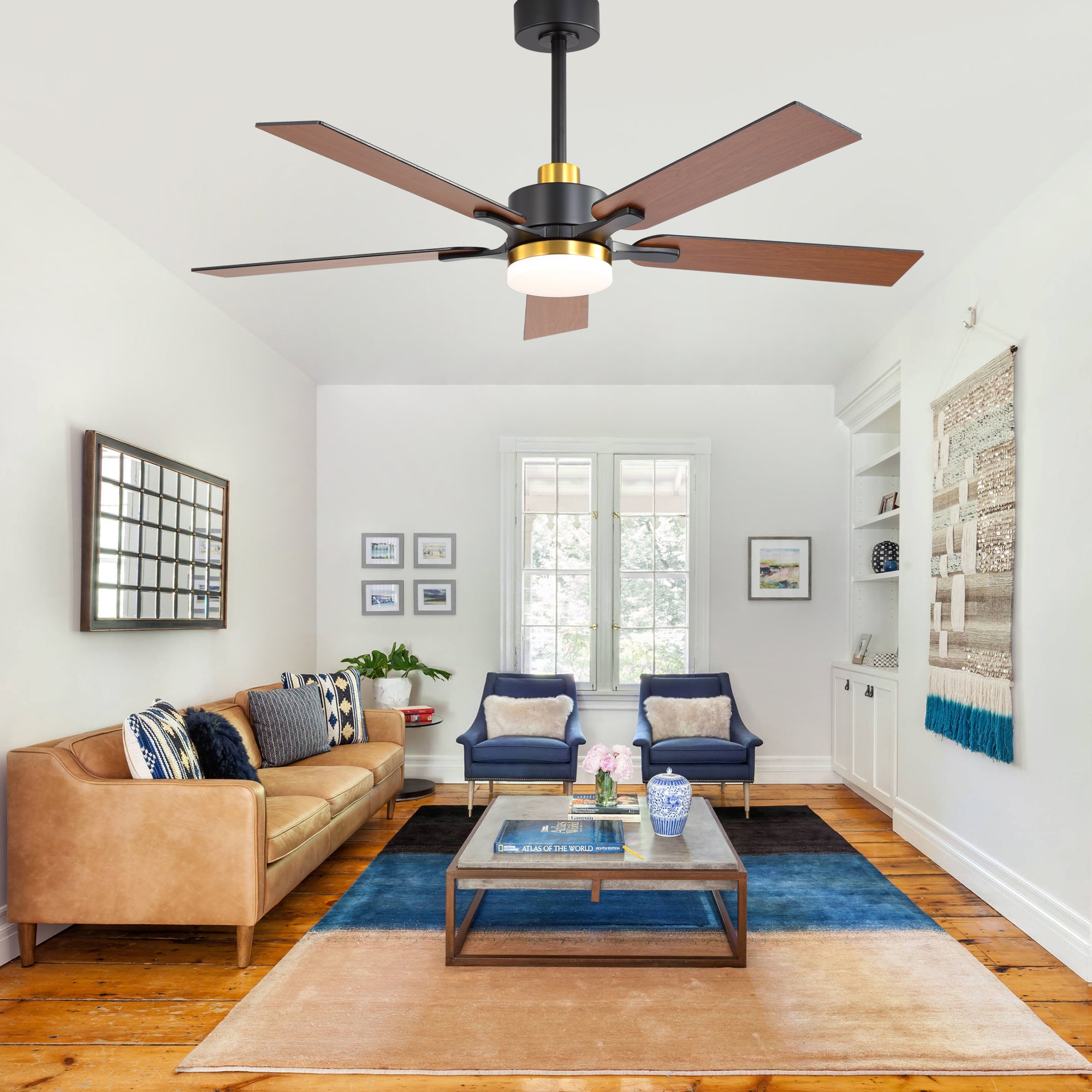 52 Inch Modern Ceiling Fan with LED Light and Remote Control, 6 Speeds Quiet DC Motor Black and Gold Ceiling Fan for Living Room