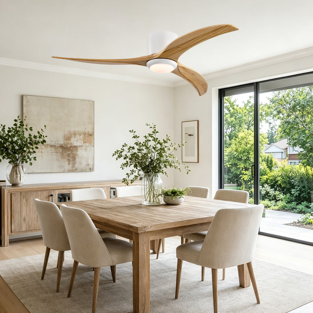 52 Inch Farmhouse Matte White Natural Wood Ceiling Fan with Lights & Remote Control, 6 Speed DC Motor Reversible Ceiling Fan