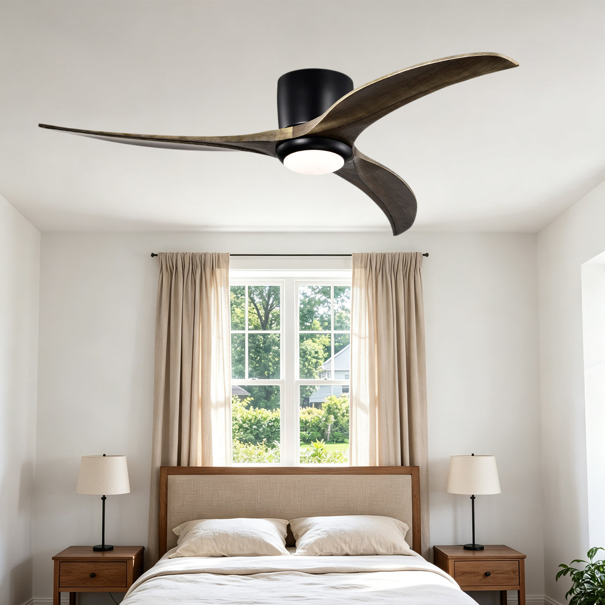 52 Inch Modern Farmhouse Flush Mount Solid Wood Blade Ceiling Fan with Lights & Remote Control, 6 Speed DC Motor Reversible Ceiling Fan