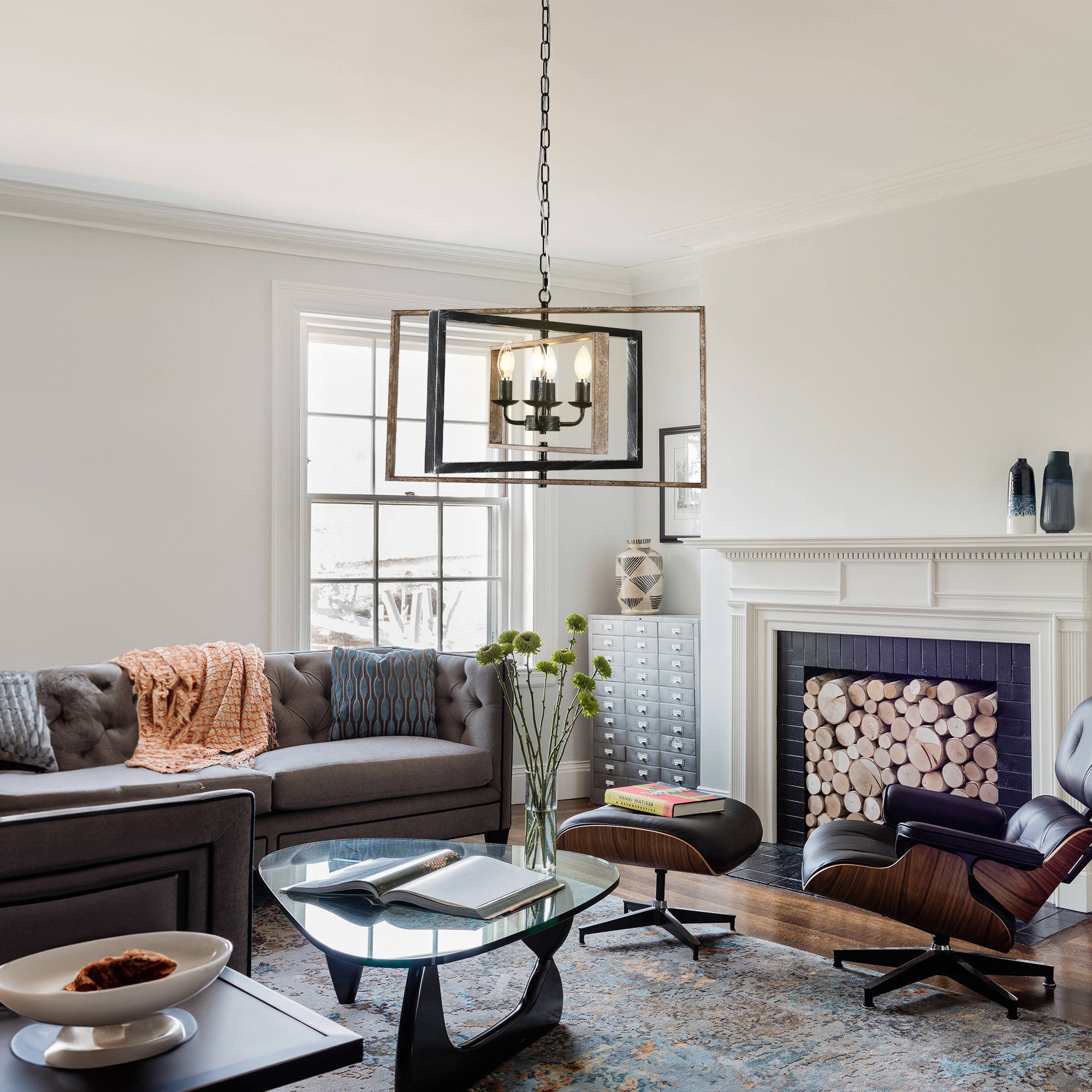 FC4114-BellaDepot 4 Lights Geometric Wood Chandelier, Height Adjustable Home Decoration Pendant Light