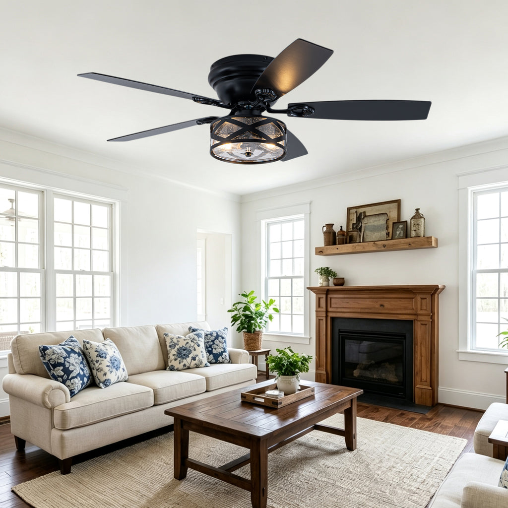 Farmhouse 52 Inch Caged  Flush Mount Ceiling Fan with Light Quiet Reversible DC Motor with 5 Fan Blades Ceiling Fan with Light Remote Control Adjustable 6 Speed Ceiling Fan with Light Suit for Bedrooms, Living Rooms, Kitchens