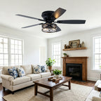 Farmhouse 52 Inch Caged  Flush Mount Ceiling Fan with Light Quiet Reversible DC Motor with 5 Fan Blades Ceiling Fan with Light Remote Control Adjustable 6 Speed Ceiling Fan with Light Suit for Bedrooms, Living Rooms, Kitchens