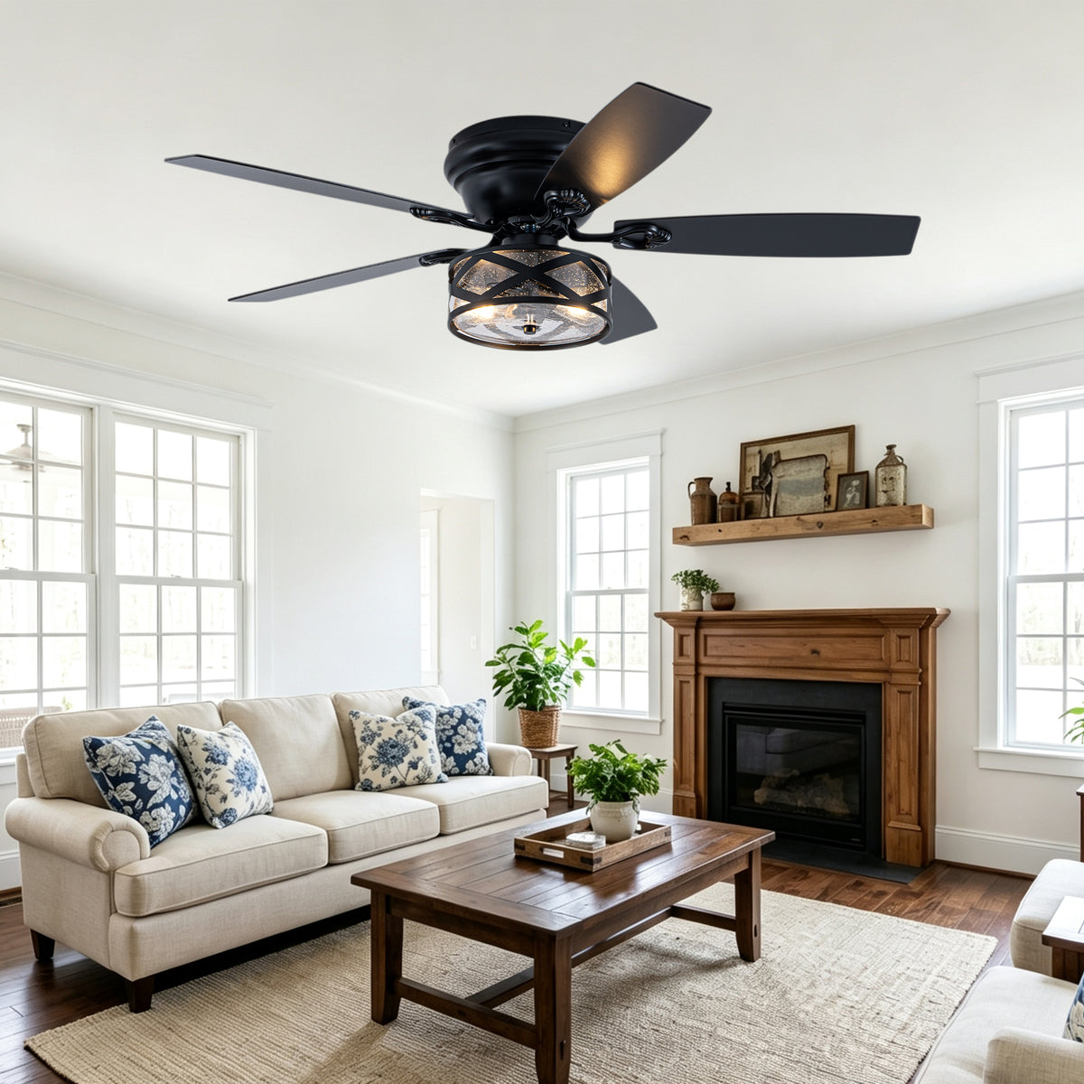 Farmhouse 52 Inch Caged  Flush Mount Ceiling Fan with Light Quiet Reversible DC Motor with 5 Fan Blades Ceiling Fan with Light Remote Control Adjustable 6 Speed Ceiling Fan with Light Suit for Bedrooms, Living Rooms, Kitchens