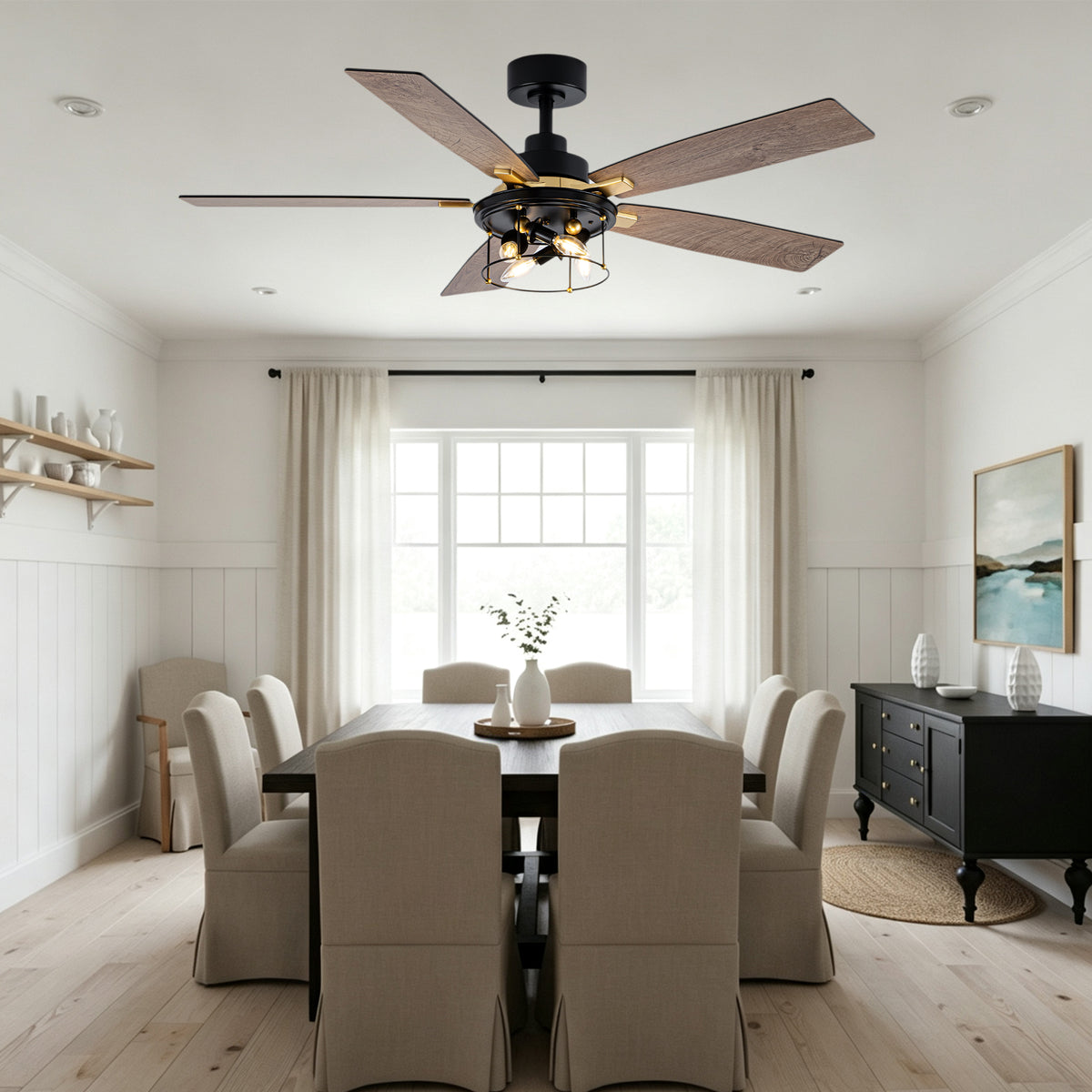Industrial 52 Inch Gold/Black Caged Ceiling Fan with Light Quiet Reversible DC Motor with 6 Speed Remote Control Ceiling Fan 5 Blades Ceiling Fan Suit for Kitchen Bedroom Living Room