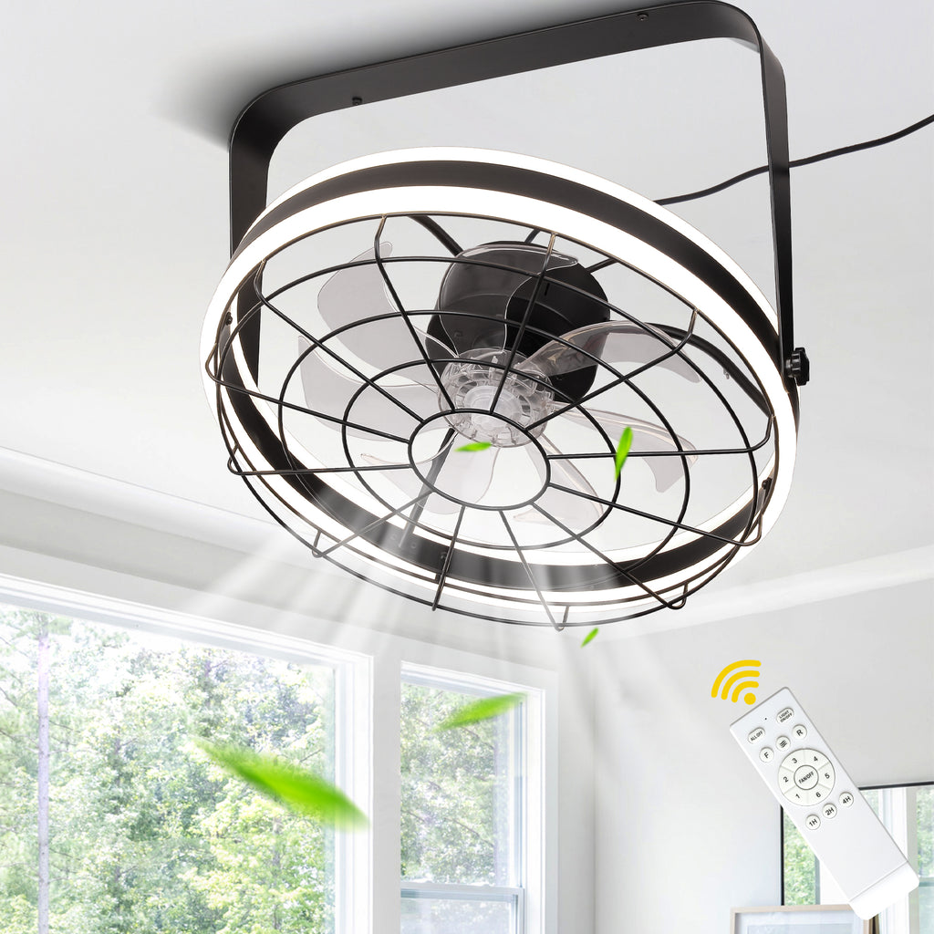 23 Inch Black Modern Wall Mounted Caged Ceiling Fan with Dimmable LED Lights and Remote, 6 Speeds Plug In Bladeless Ceiling Fan