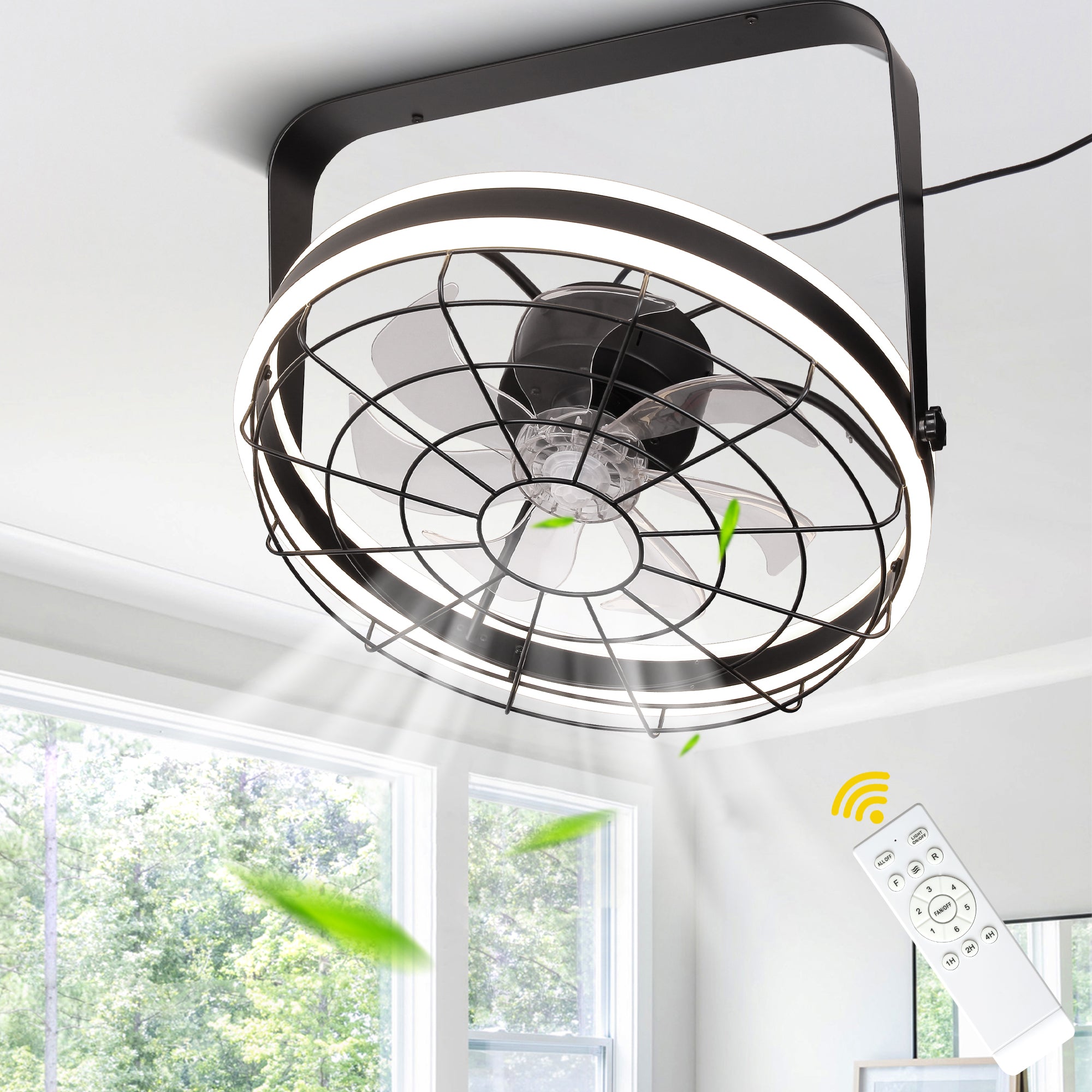 DC2035-BellaDepot 23" Metal Caged Ceiling Fan with Remote Control, Wall Mounted or Ceiling Mounted Fan with LED Light