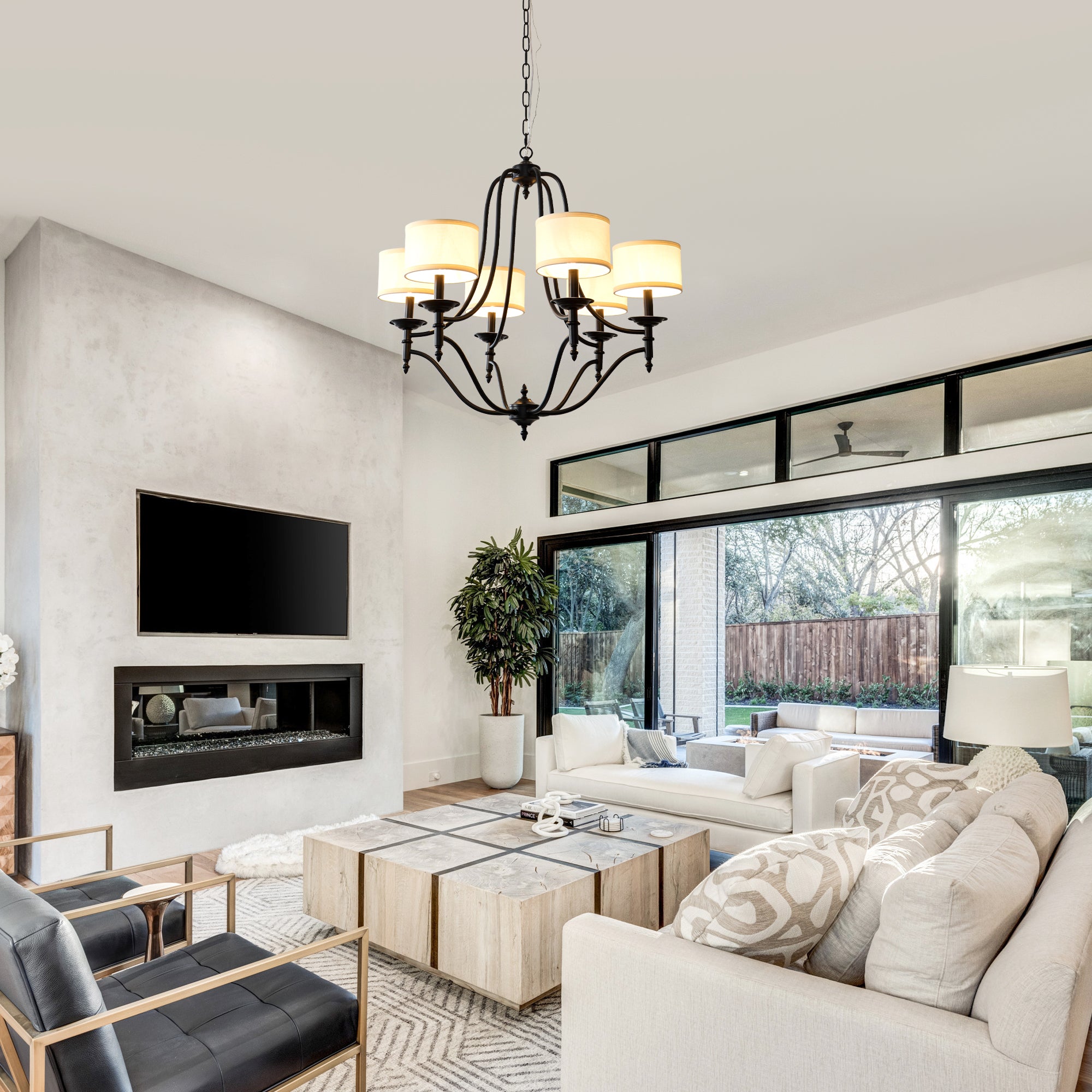 6 - Light Traditional Farmhouse Chandelier with Fabric Shades, 30 Inch Black Chandelier, Adjustable Classic Dining Room Light Fixture for Living Room