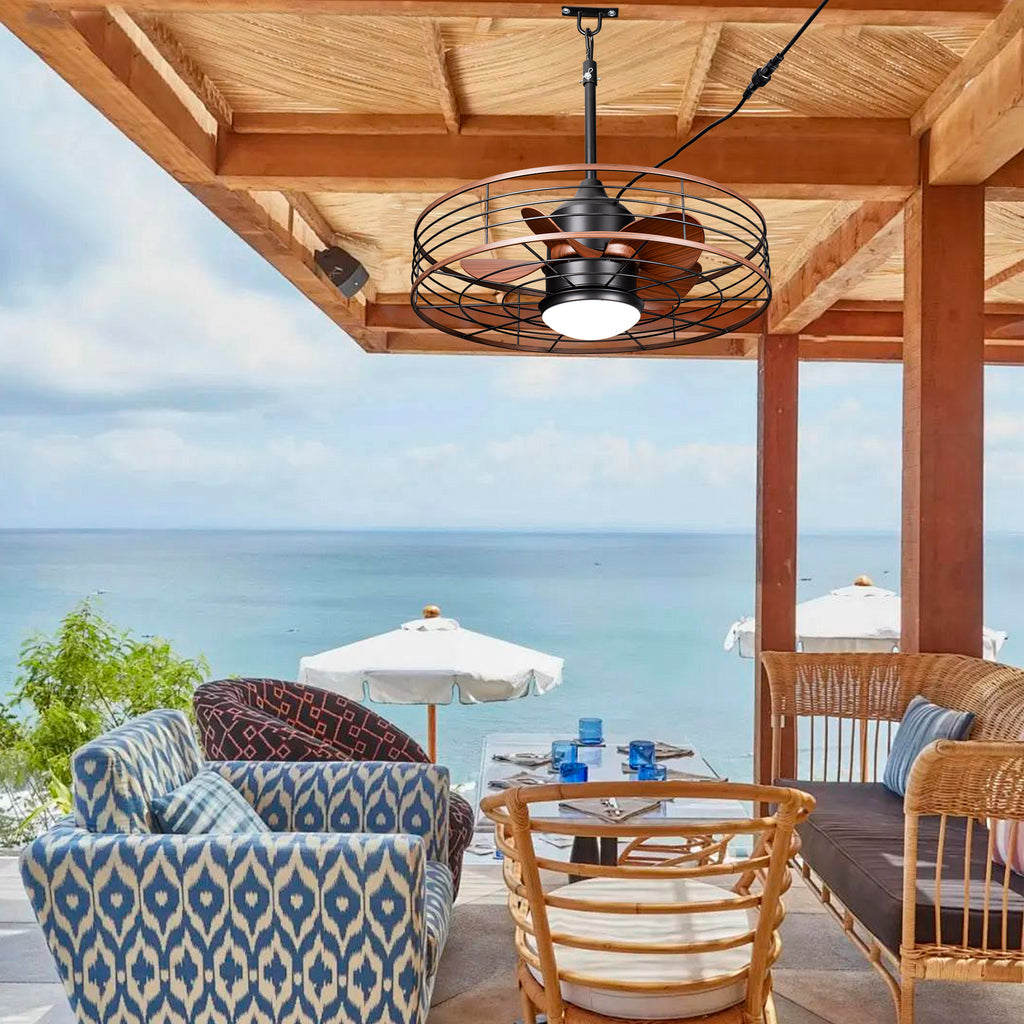 23.6 Inch Black Outdoor Dimmable Ceiling Fan with LED Light and Remote, Farmhouse Reversible 6 Speeds Quiet DC Motor Caged Ceiling Fan for Patio