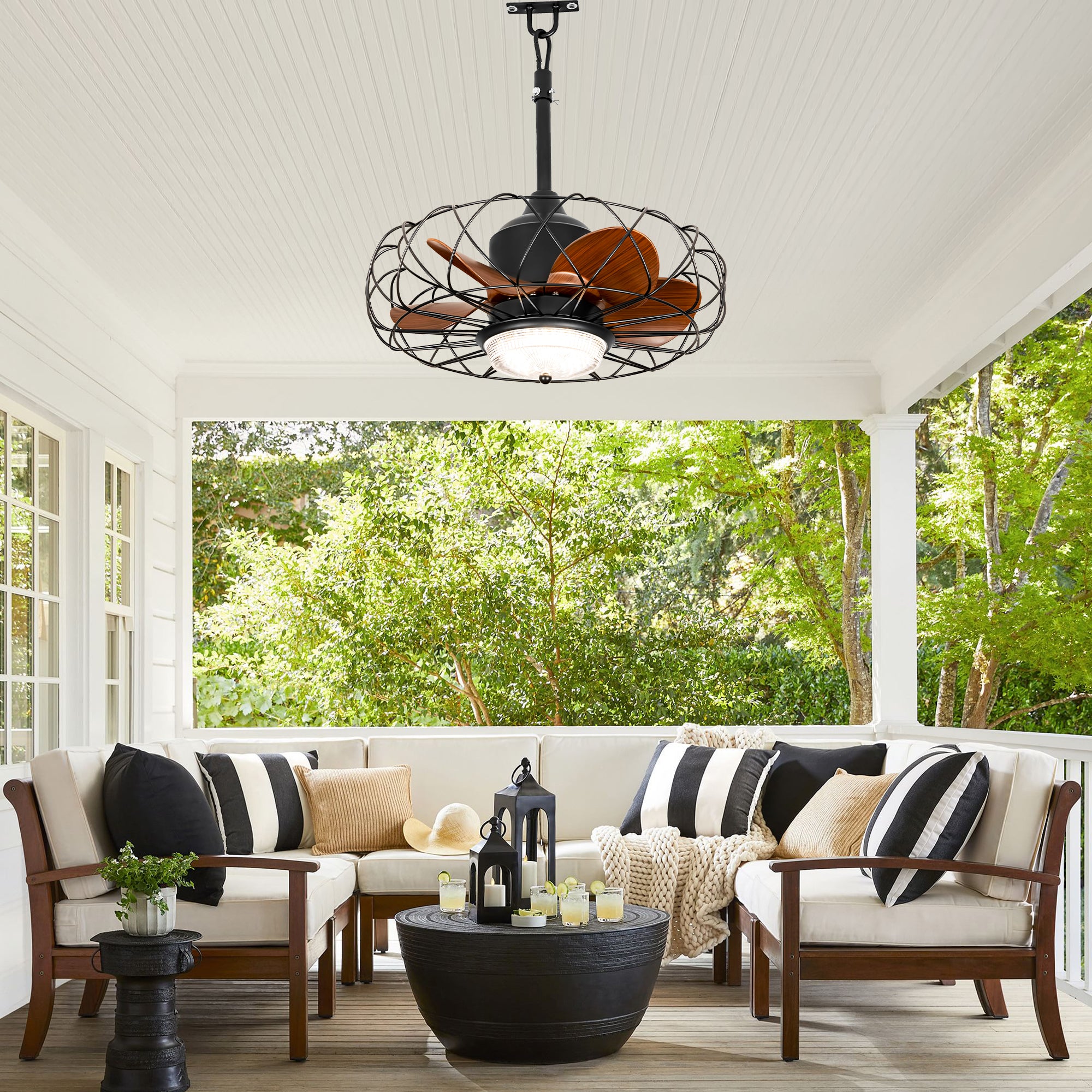 21 Inch Outdoor Caged Ceiling Fan with LED Light and Remote & APP Control, 6-Speed Reversible Modern Waterproof Industrial Ceiling Fan for Patio