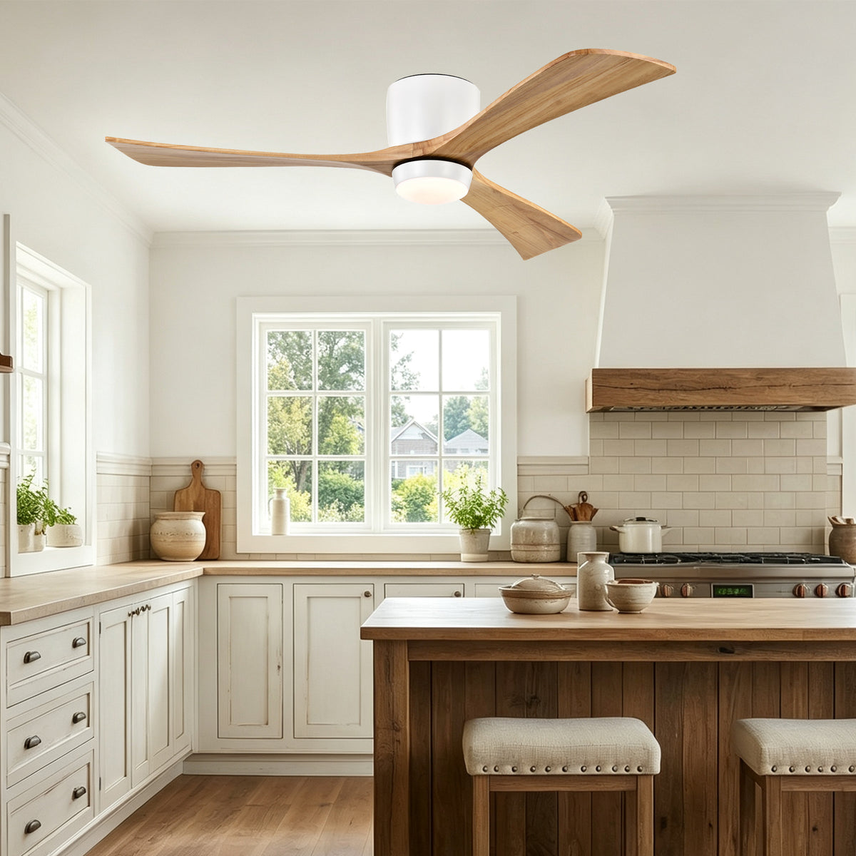 52 Inch Farmhouse Matte White Natural Wood Flush Mount Ceiling Fan with Lights & Remote Control, 6 Speed DC Motor Reversible Ceiling Fan