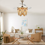 42 Inch Black/Gold/White Boho Retractable Ceiling Fan with Lights and Remote, 6 Speeds DC Motor Bladeless Ceiling Fan with Wood Beaded Shade