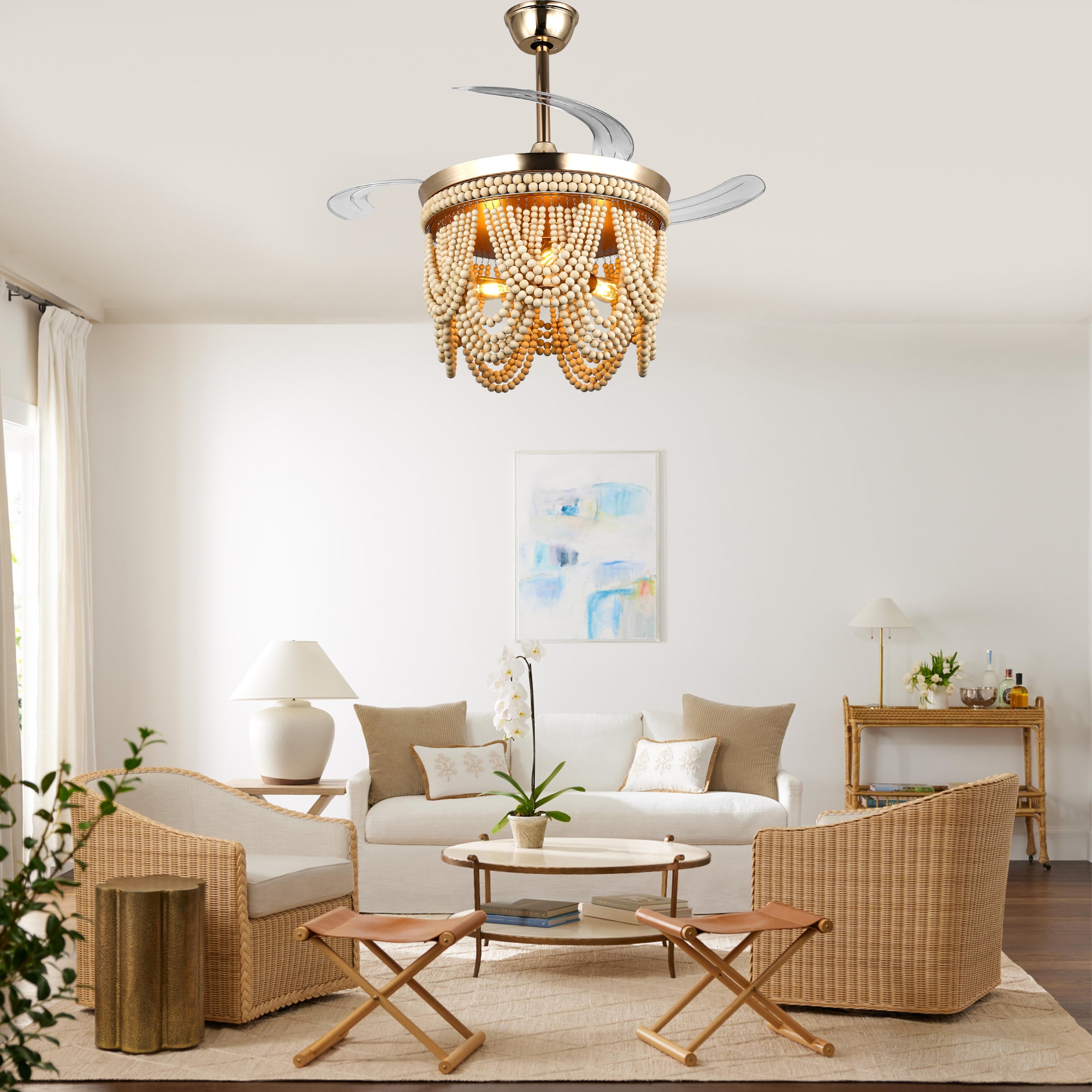 42 Inch Black/Gold/White Boho Retractable Ceiling Fan with Lights and Remote, 6 Speeds DC Motor Bladeless Ceiling Fan with Wood Beaded Shade