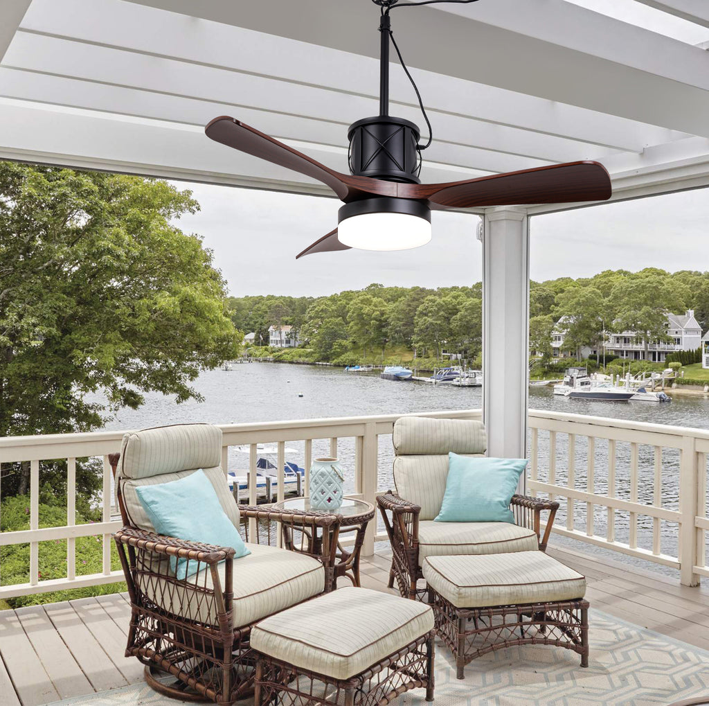 42 Inch Modern Farmhouse Smart Outdoor Ceiling Fan with Dimmable LED and Remote, 6 Speeds Waterproof Ceiling Fans Plug In Outside Patio Fan
