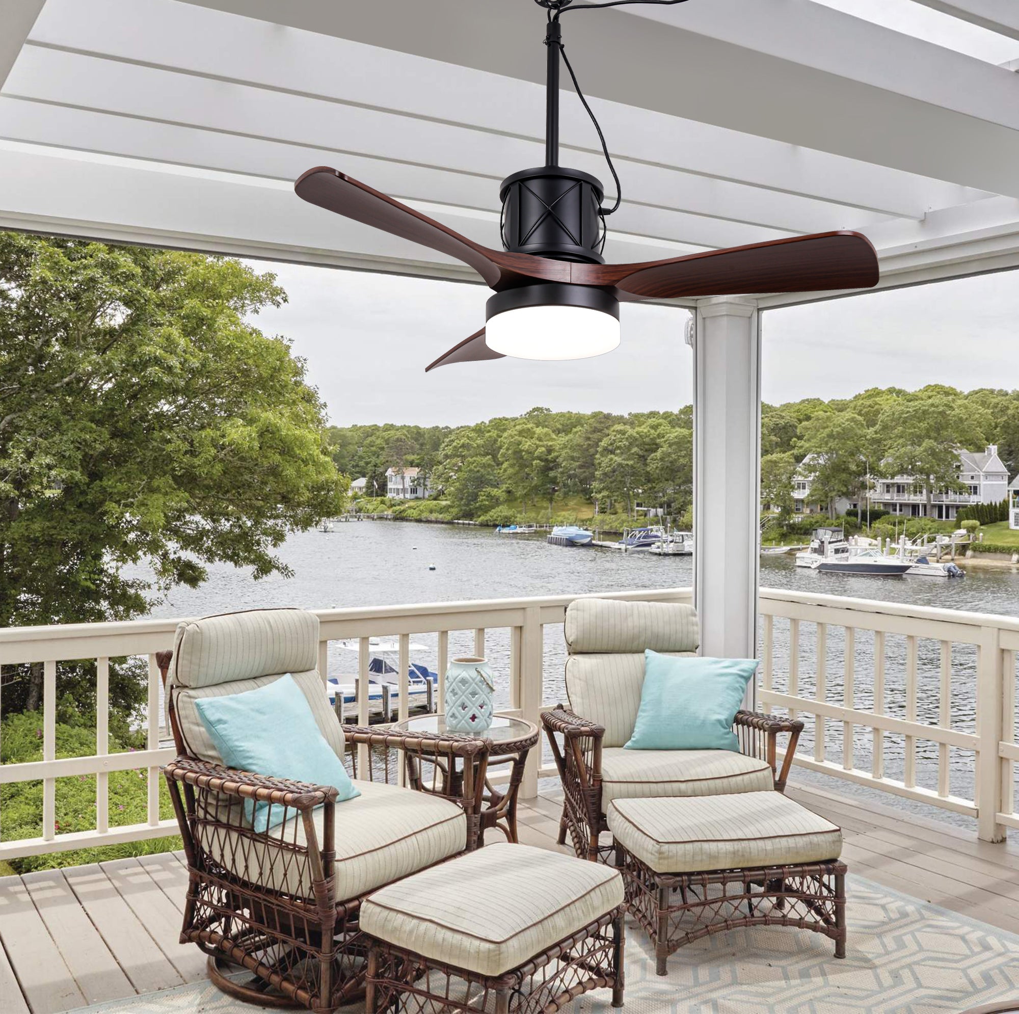 42 Inch Modern Farmhouse Smart Outdoor Ceiling Fan with Dimmable LED and Remote, 6 Speeds Waterproof Ceiling Fans Plug In Outside Patio Fan