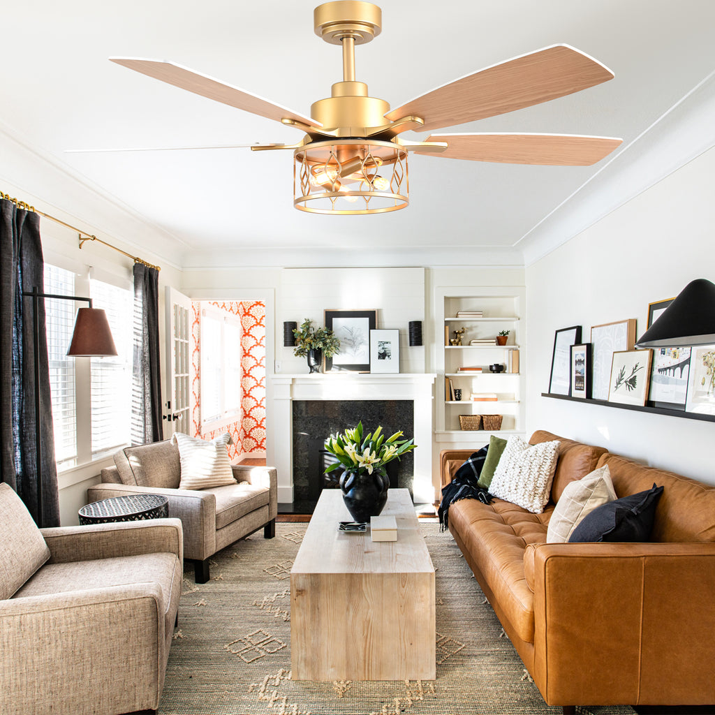 52 Inch Golden Modern Ceiling Fan with Lights and Remote Control, 6 Speeds DC Motor Reversible Ceiling Fan for Living Room